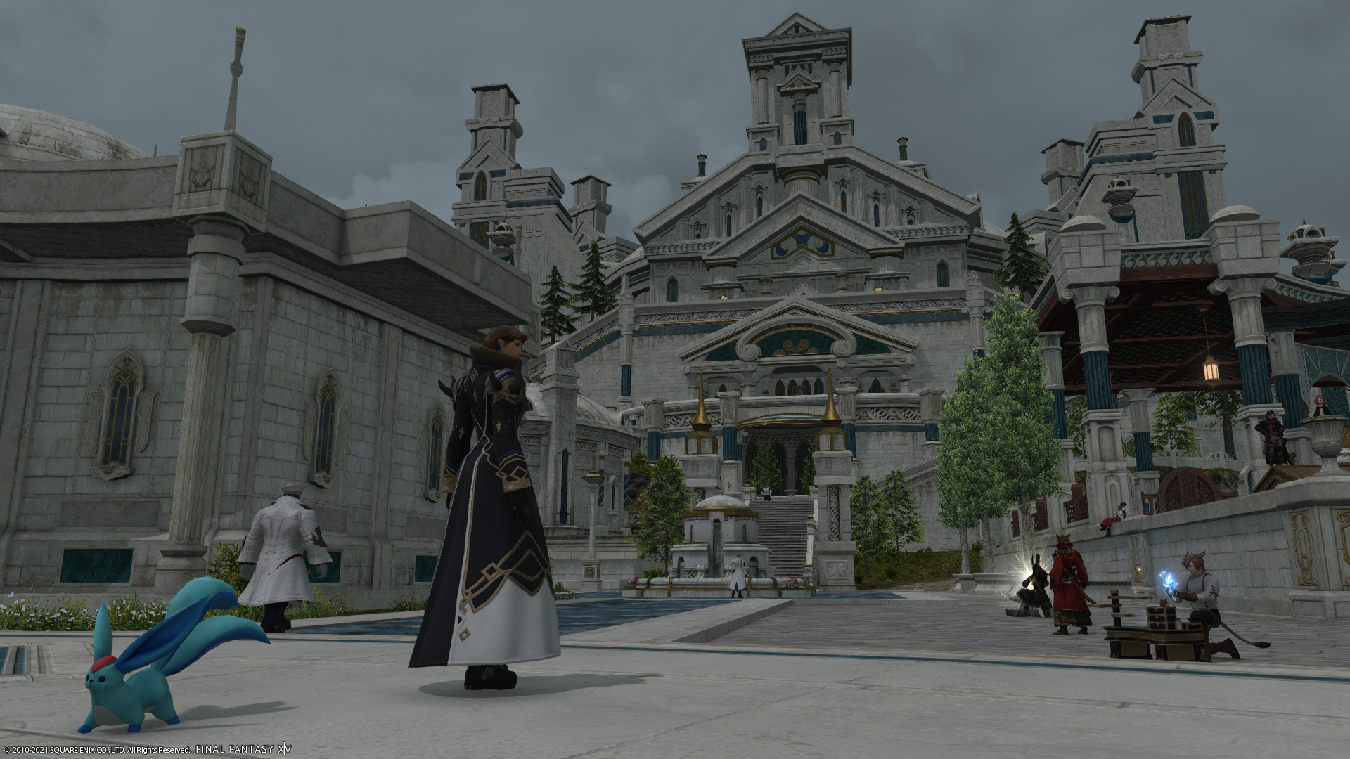 A female avatar walks toward a grand white stone building in Final Fantasy XIV Endwalker