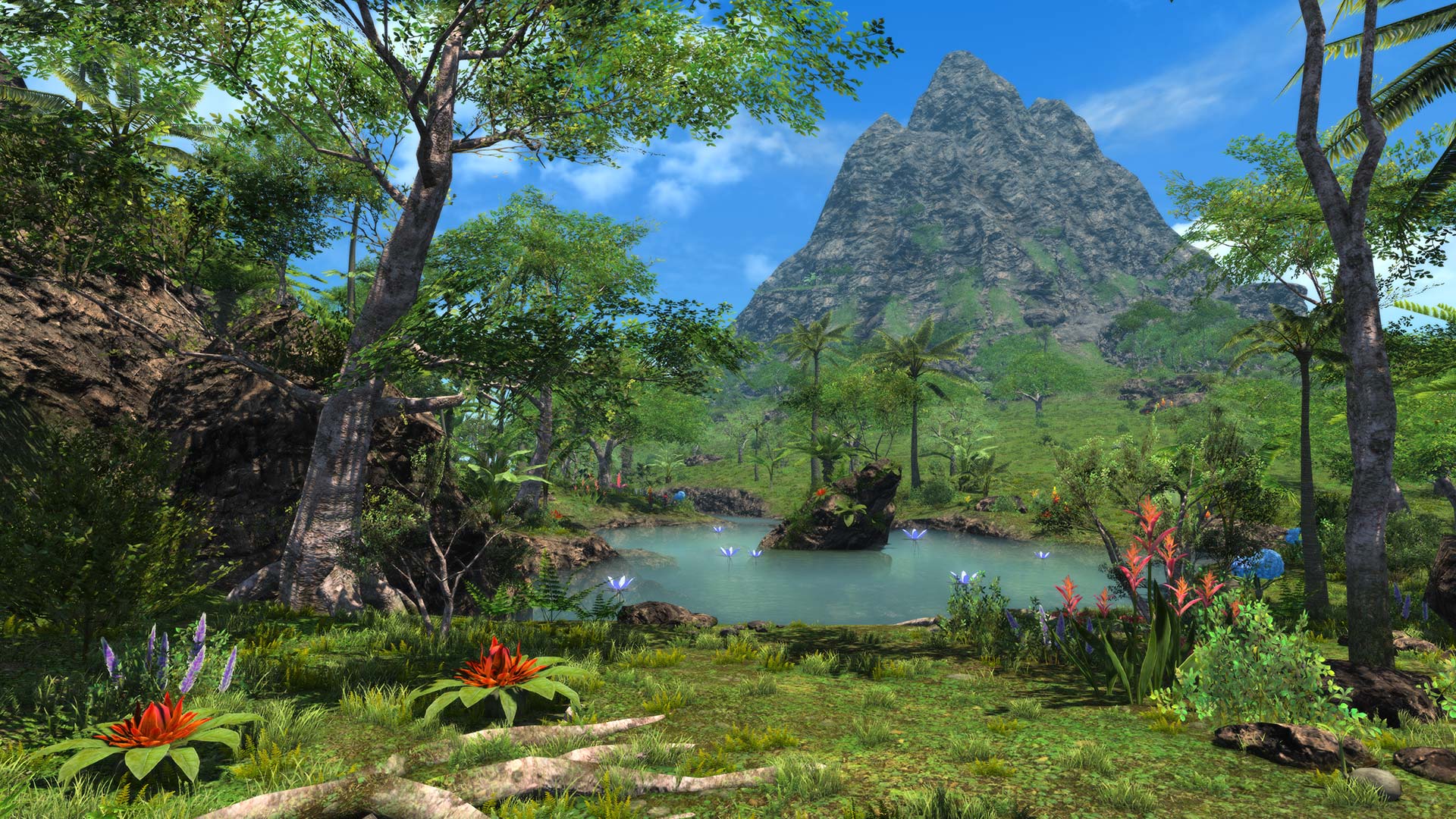 A screenshot showing a pond surrounded by tropical flora and backed by an enormous mountain in FFXIV's island sanctuary update.