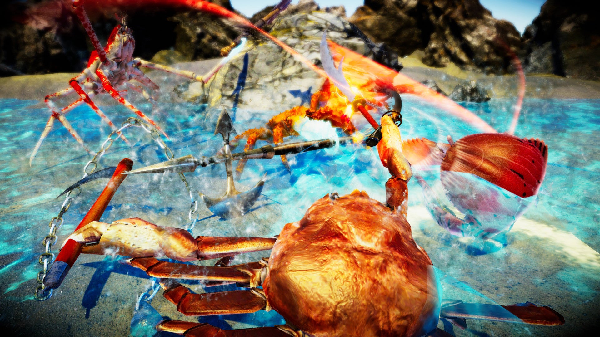 Heavily armed crustaceans battle in a Fight Crab screenshot.