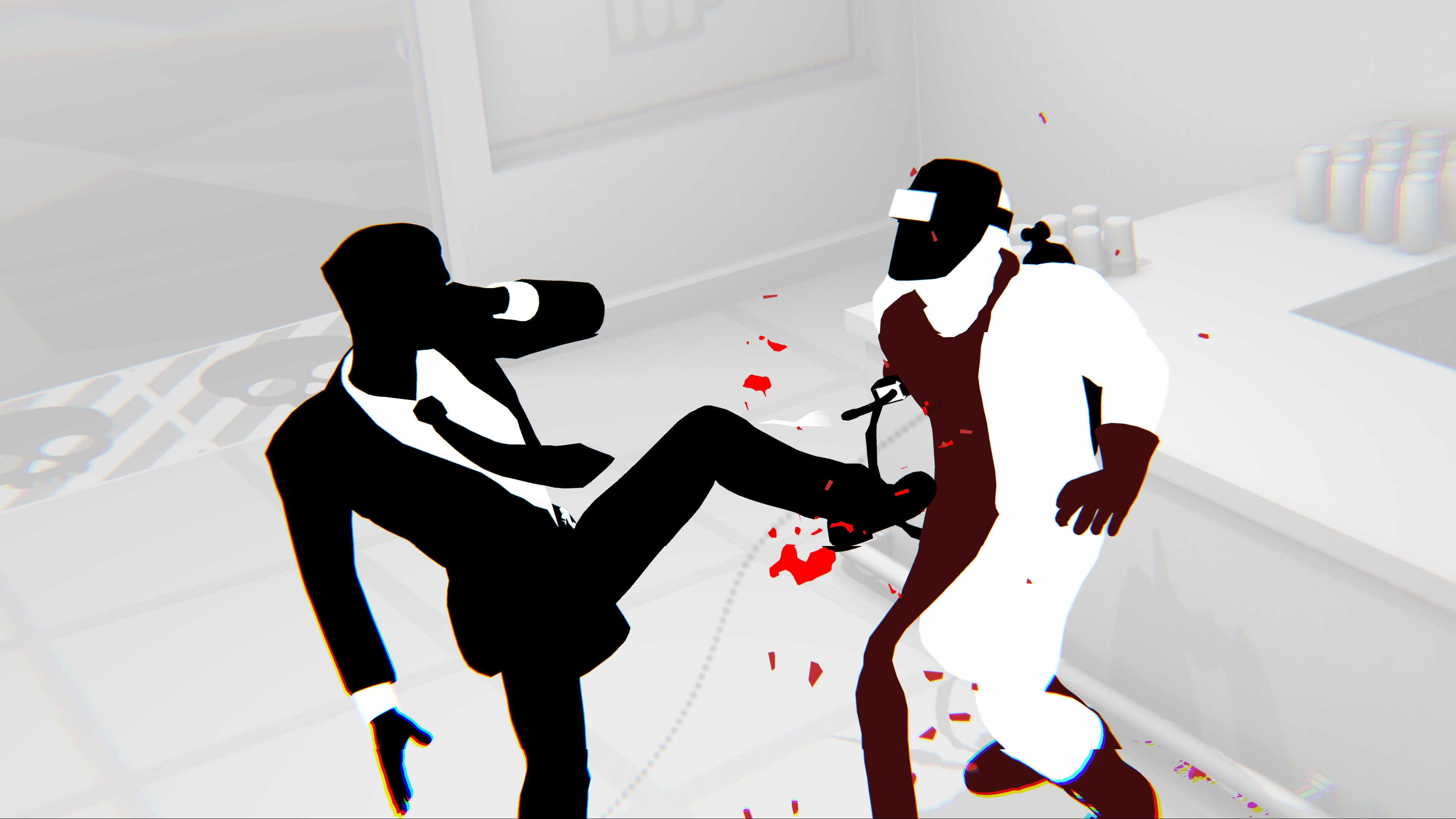 Fights In Tight Spaces - action shot of main character kicking an enemy in the stomach