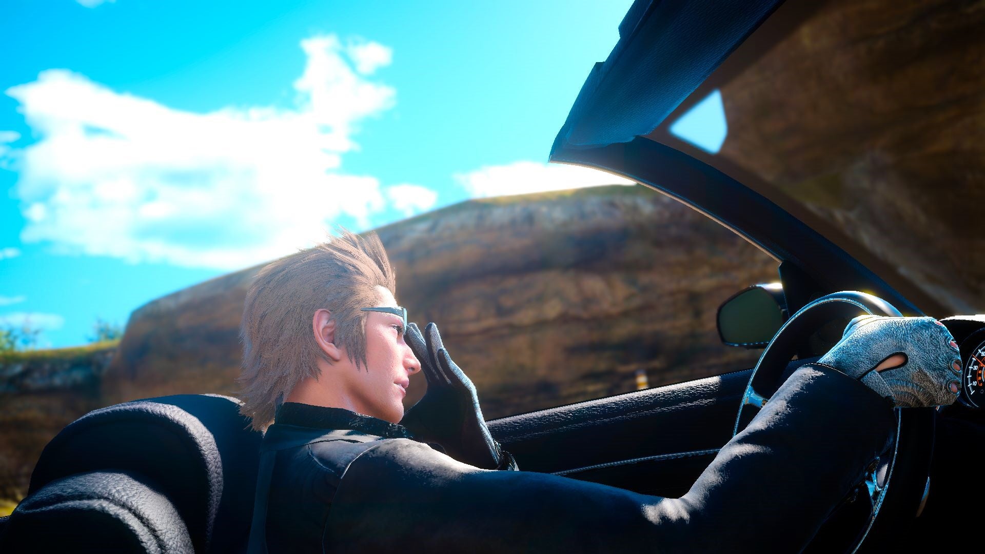 A screenshot from Final Fantasy XV which shows Ignis driving, pushing up his sunglasses, and looking very cool in general.
