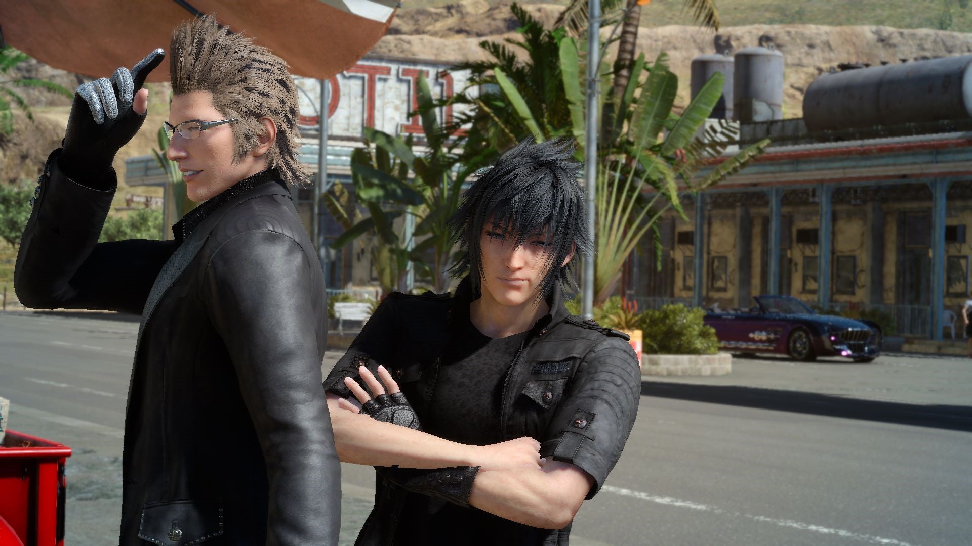 A screenshot from Final Fantasy XV which shows Noctis and Ignis stood next to eachother, posing for the camera. Noctic has his arms crossed, while Ignis is turned to the side.