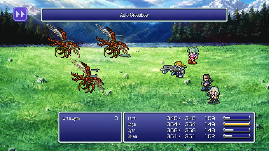 A screenshot of Final Fantasy VI's pixel remaster, showing the party facing off in a battle against three Grasswyrm.