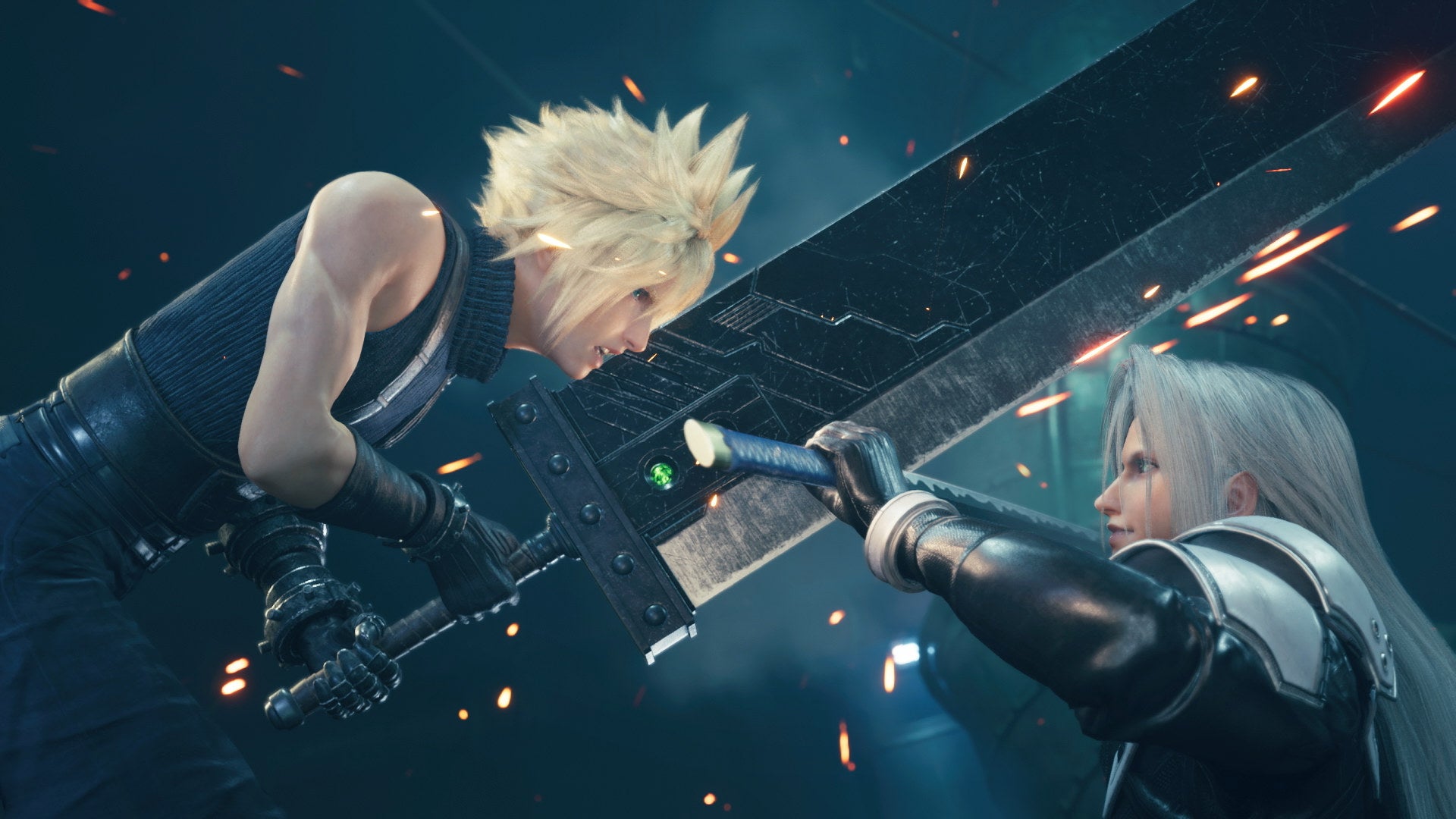 Cloud and Sephiroth clash swords in a Final Fantasy VII Remake Intergrade screenshot.