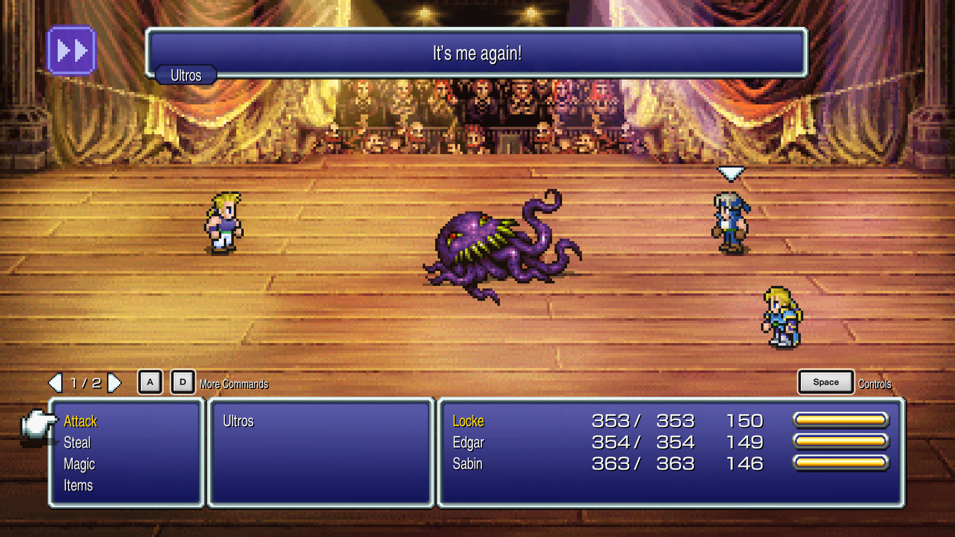 Ultros, a purple octopus-sorta monster with big fangs, says 'It's me again!' in a Final Fantasy VI Pixel Remaster battle screenshot.