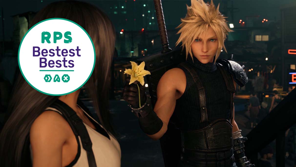 Cloud gives a flower to Tifa in Final Fantasy VII Remake Intergrade with the RPS Bestest Best logo in the corner of the image