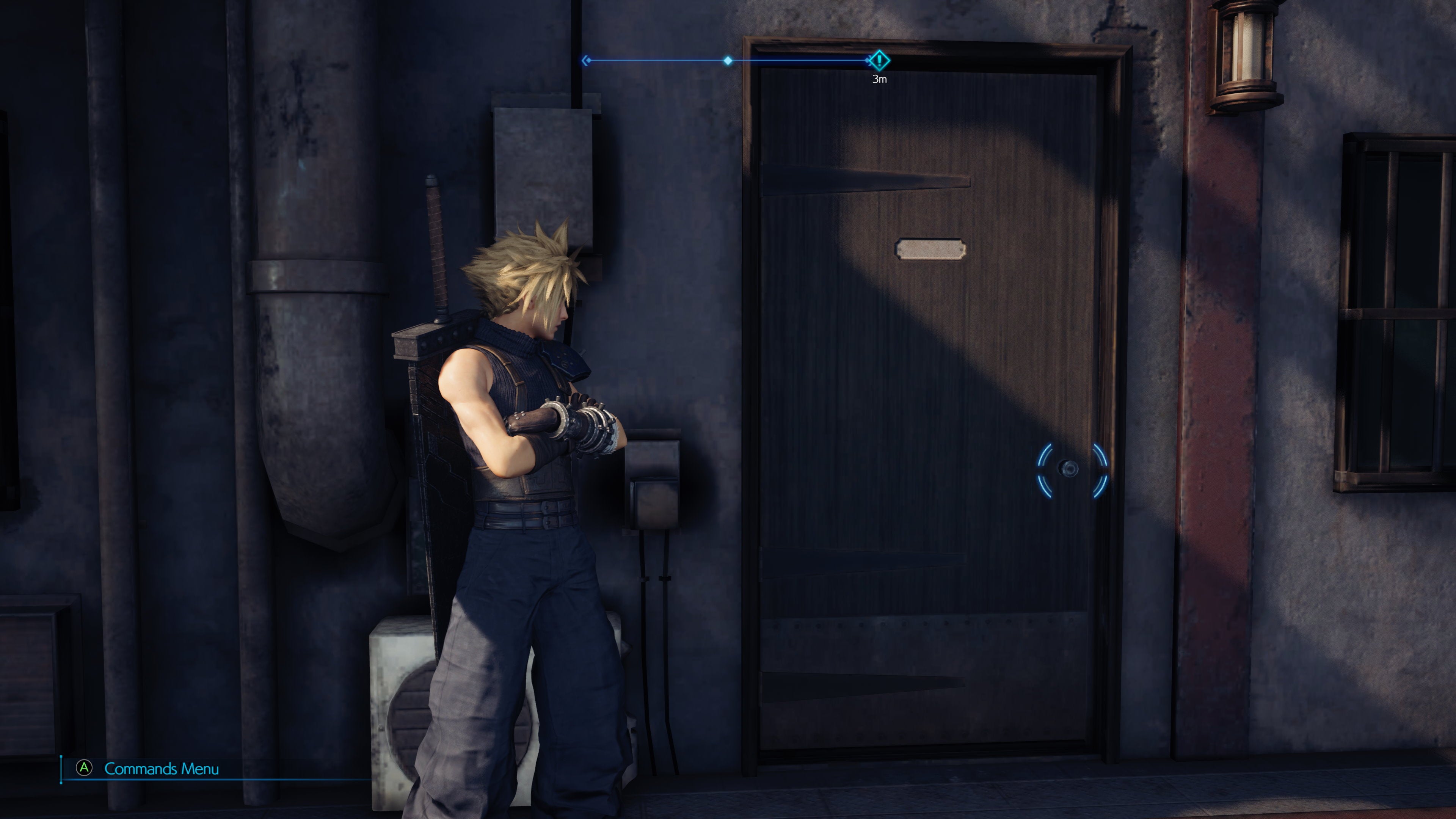 Cloud stands in front of a wooden door (with Low textures) in Final Fantasy VII Remake Intergrade