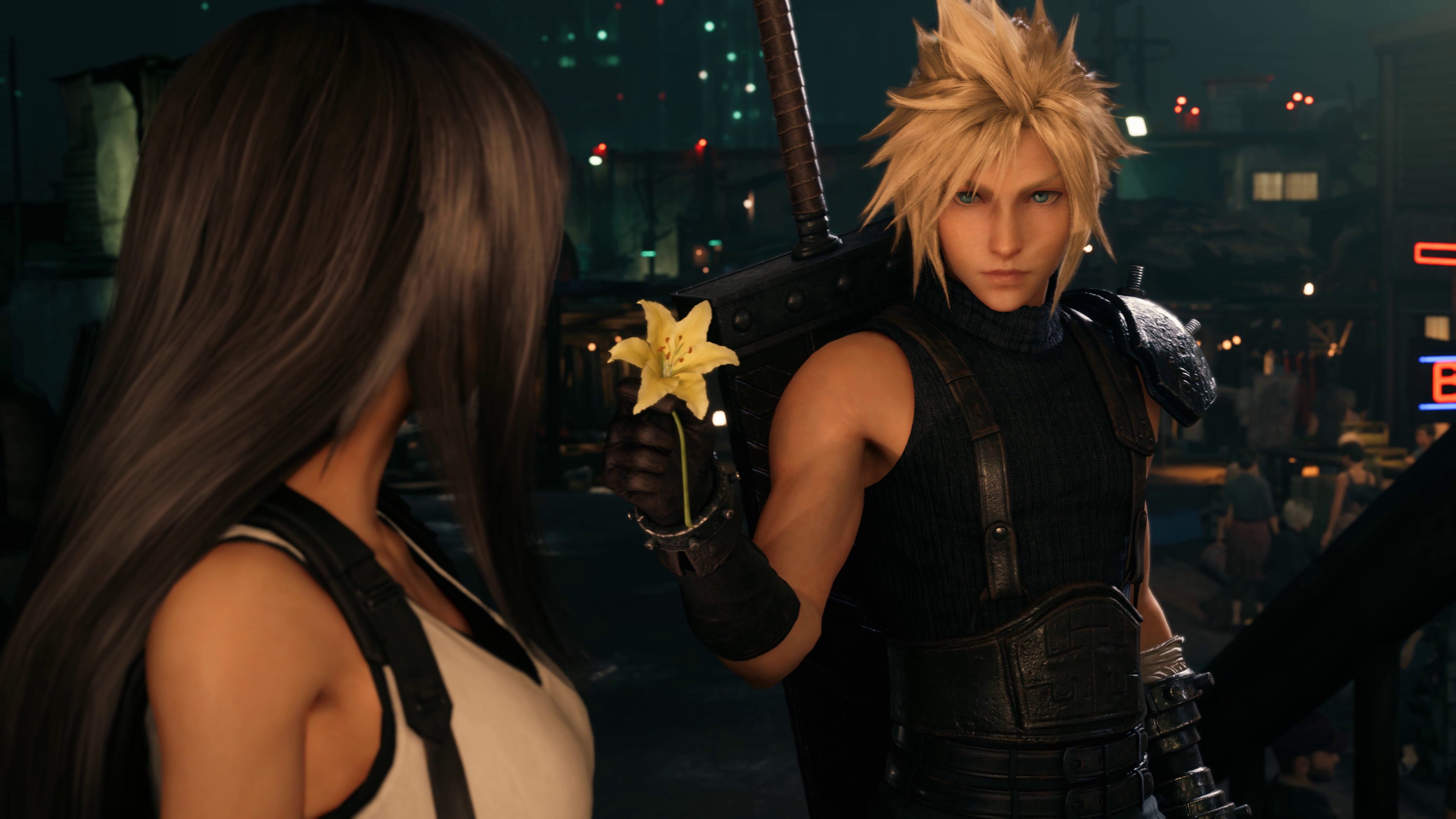 Cloud hands Tifa a yellow flower in Final Fantasy VII Remake Intergrade