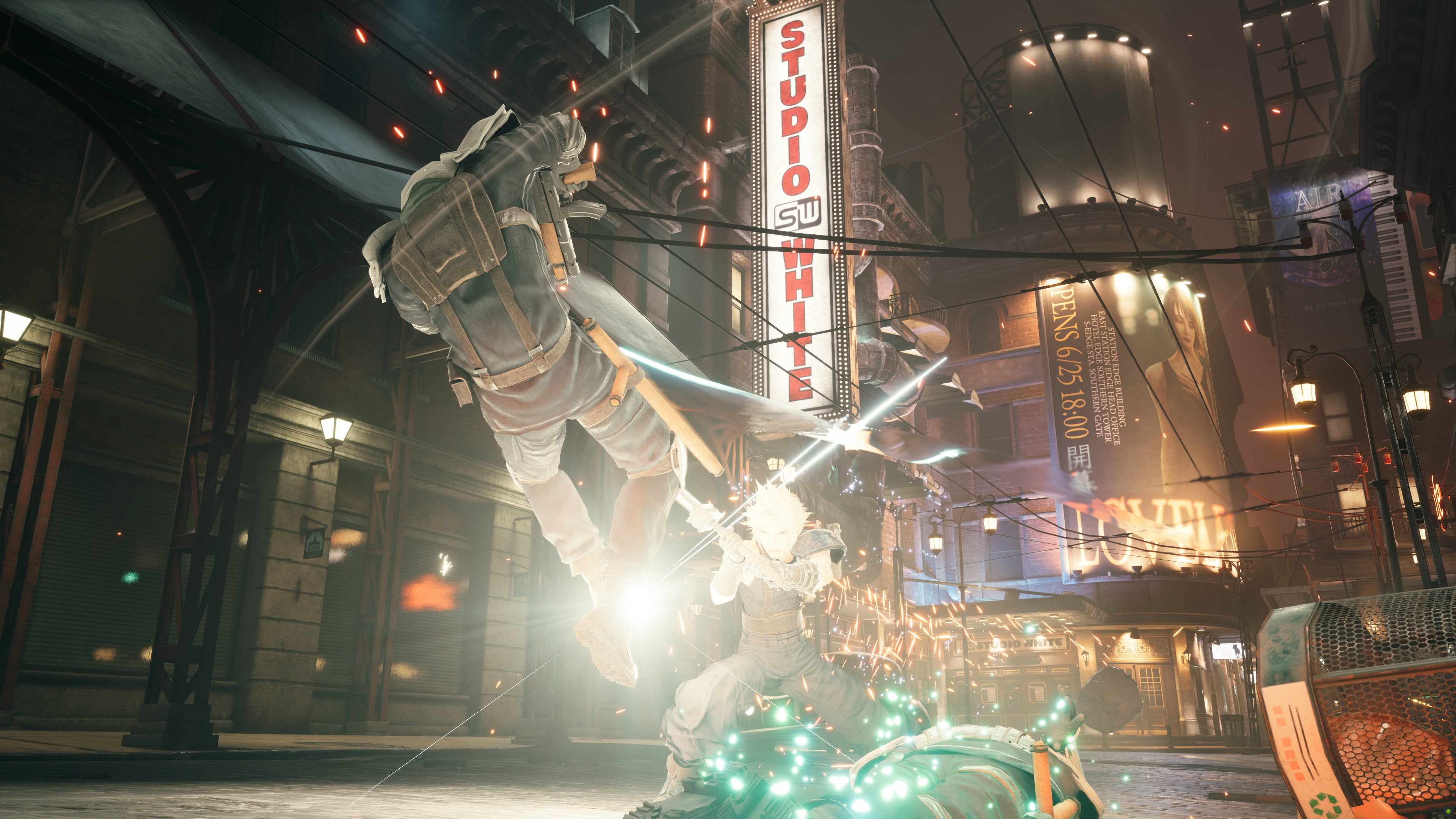 Cloud launches an attack at a Shinra soldier in the streets of Midgar in Final Fantasy VII Remake Intergrade