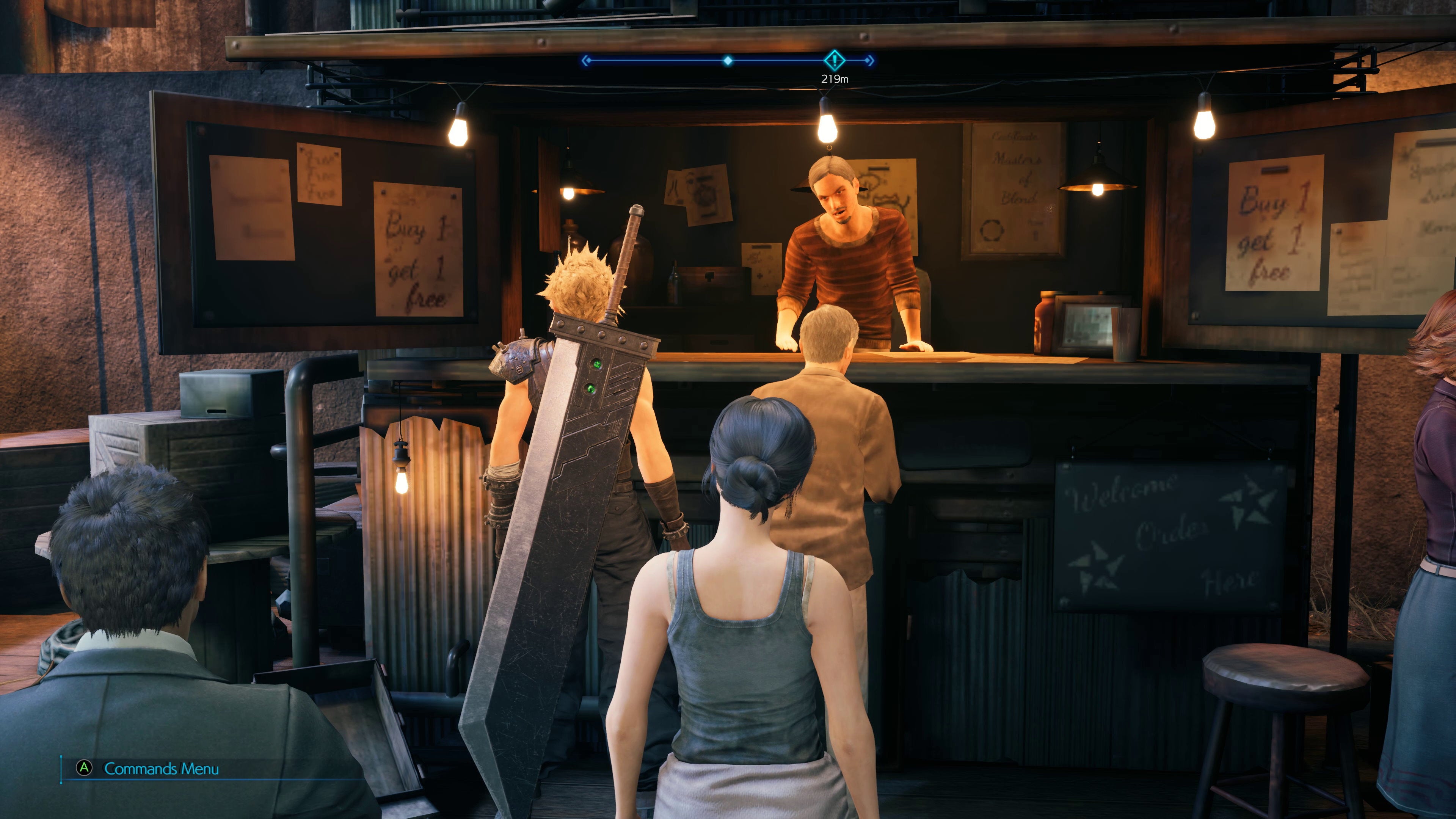 Cloud stands in front of a market stall in Final Fantasy VII Remake Intergrade