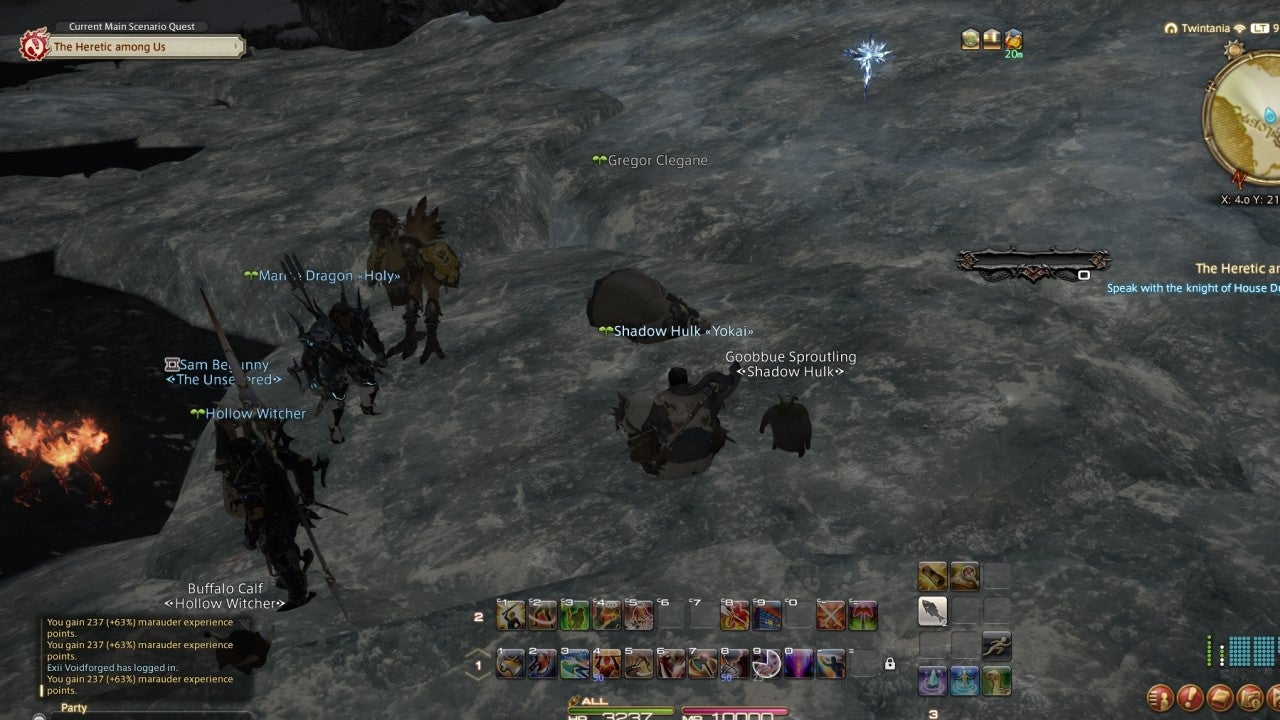 Players watch a player called Gregor Clegane lie on cracked ice in Final Fantasy XIV.