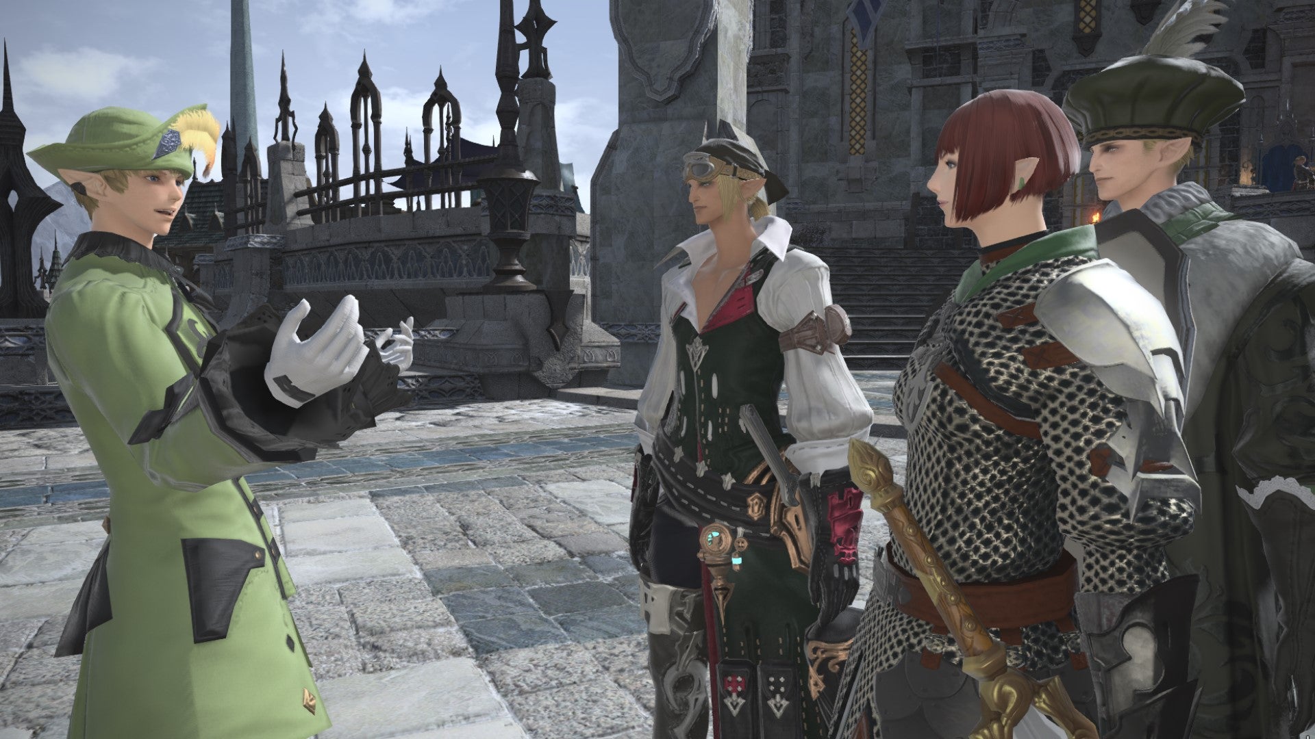 A tour guide speaks to three recruits in Final Fantasy XIV.