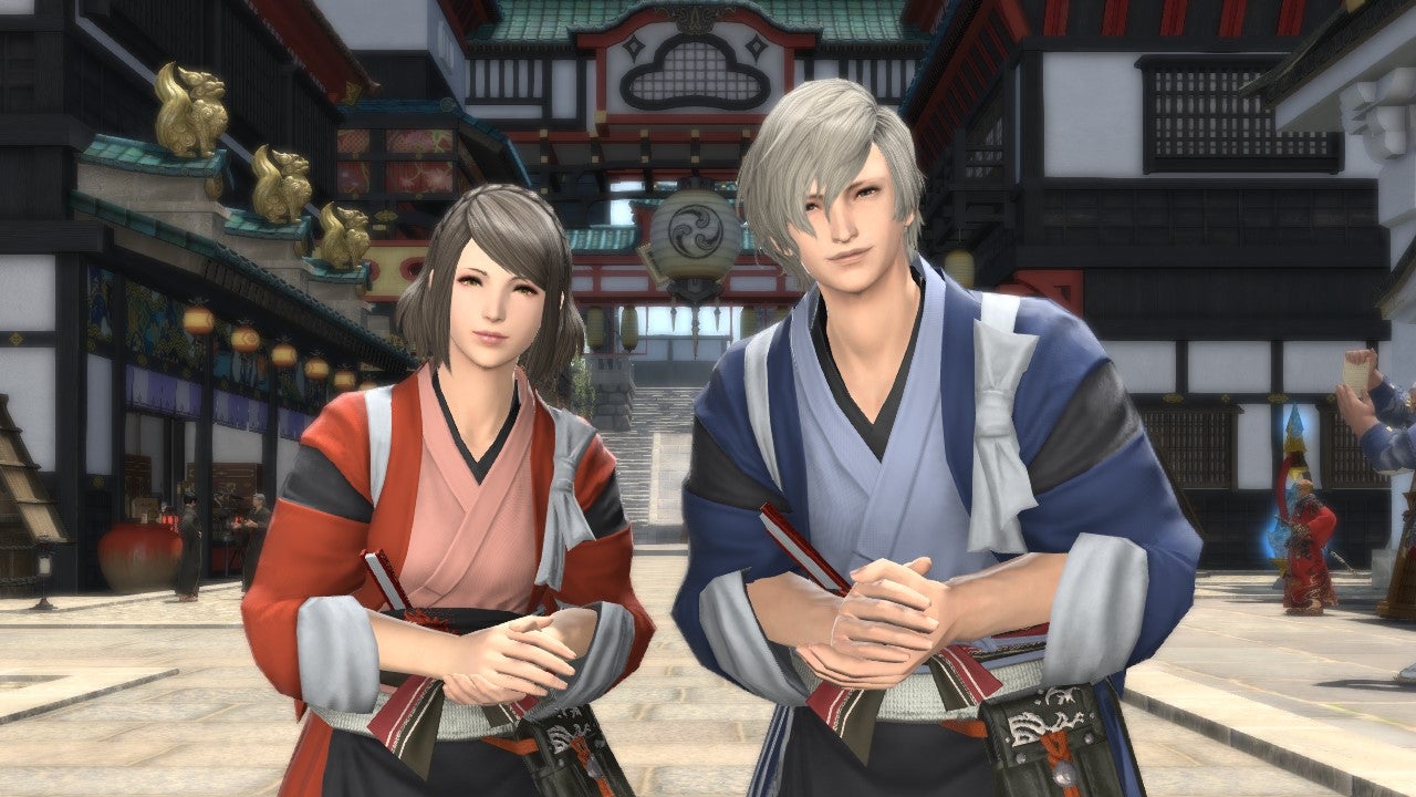 Two Final Fantasy XIV players face the camera with a welcoming look.