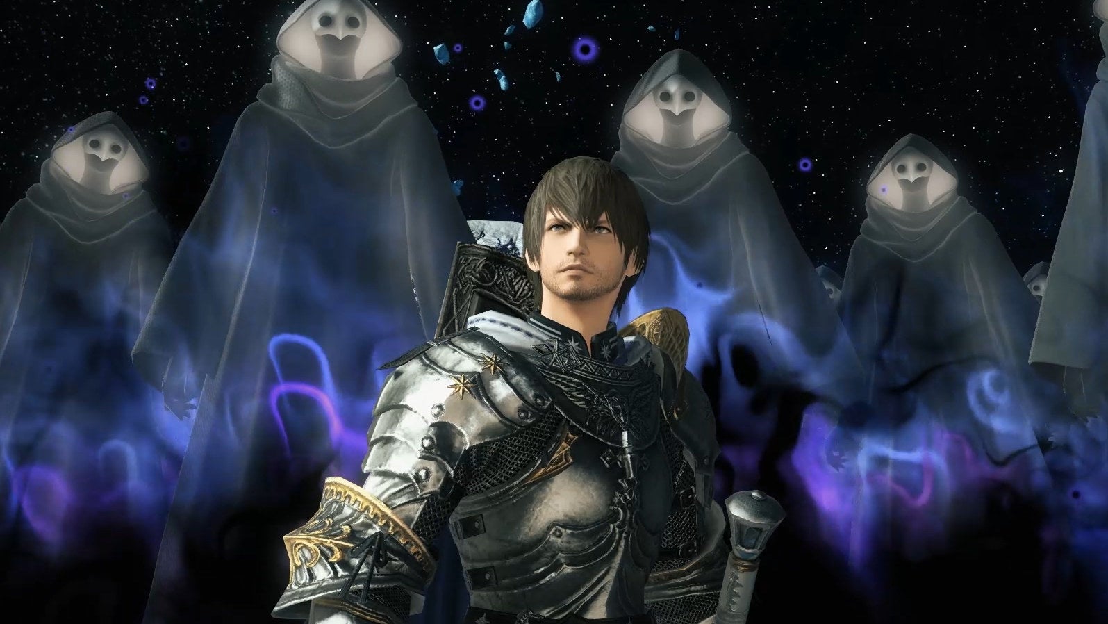 A man in armour surrounded by masked ghosts in Final Fantasy XIV.