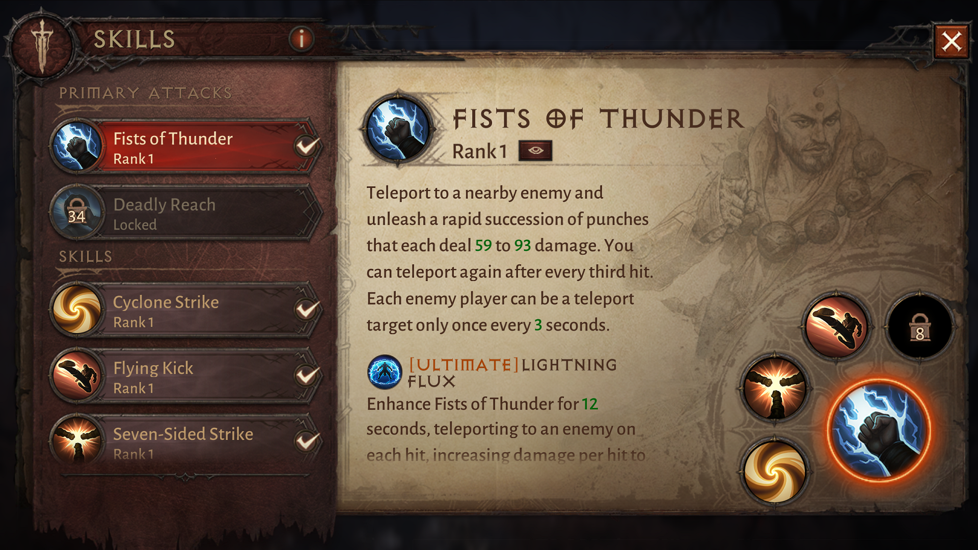 The Fists of Thunder ability description in Diablo Immortal