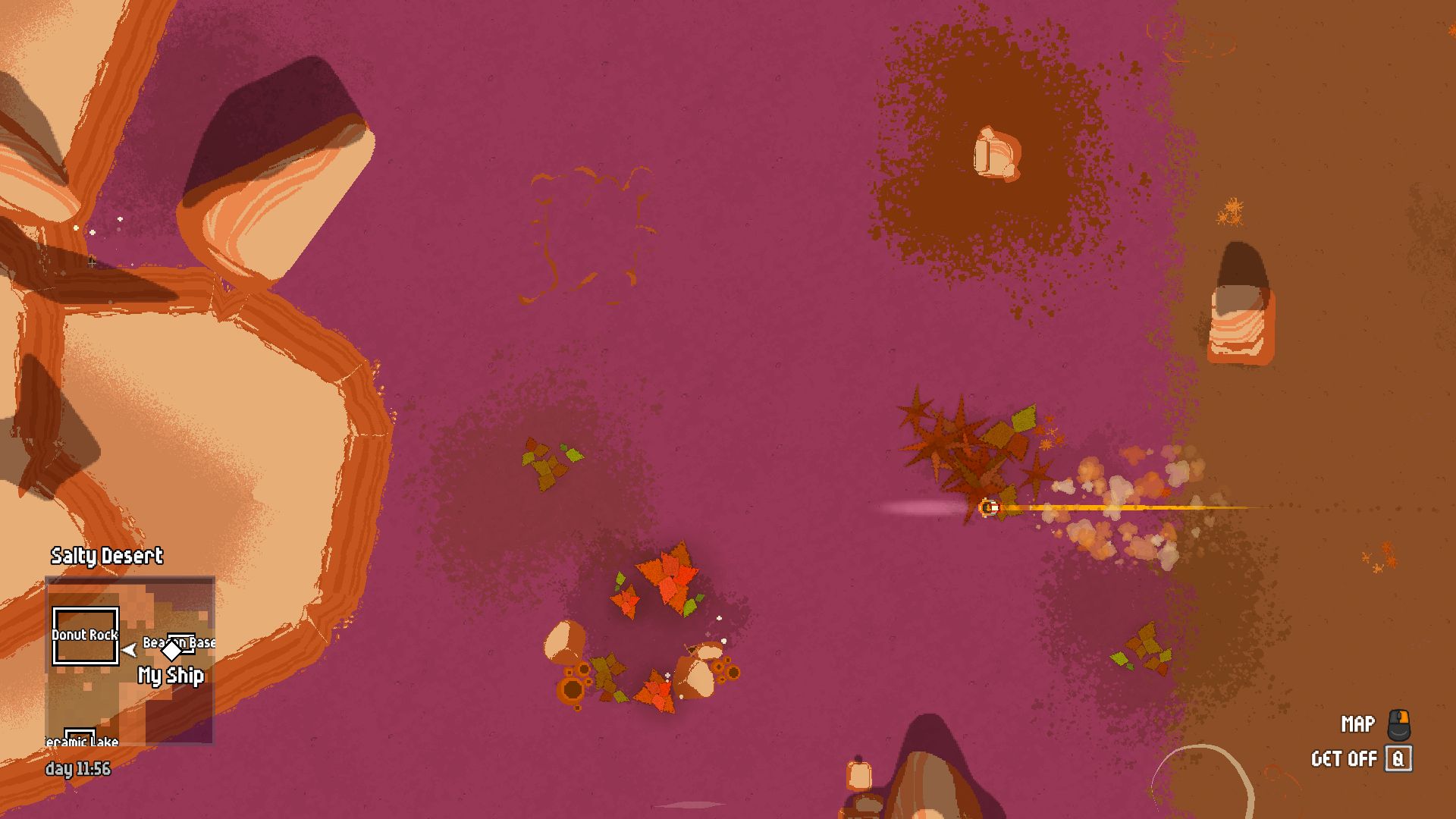 „FixFox“ žaidėjo personažas greitai lekia per purpurinę ir oranžinę dykumą