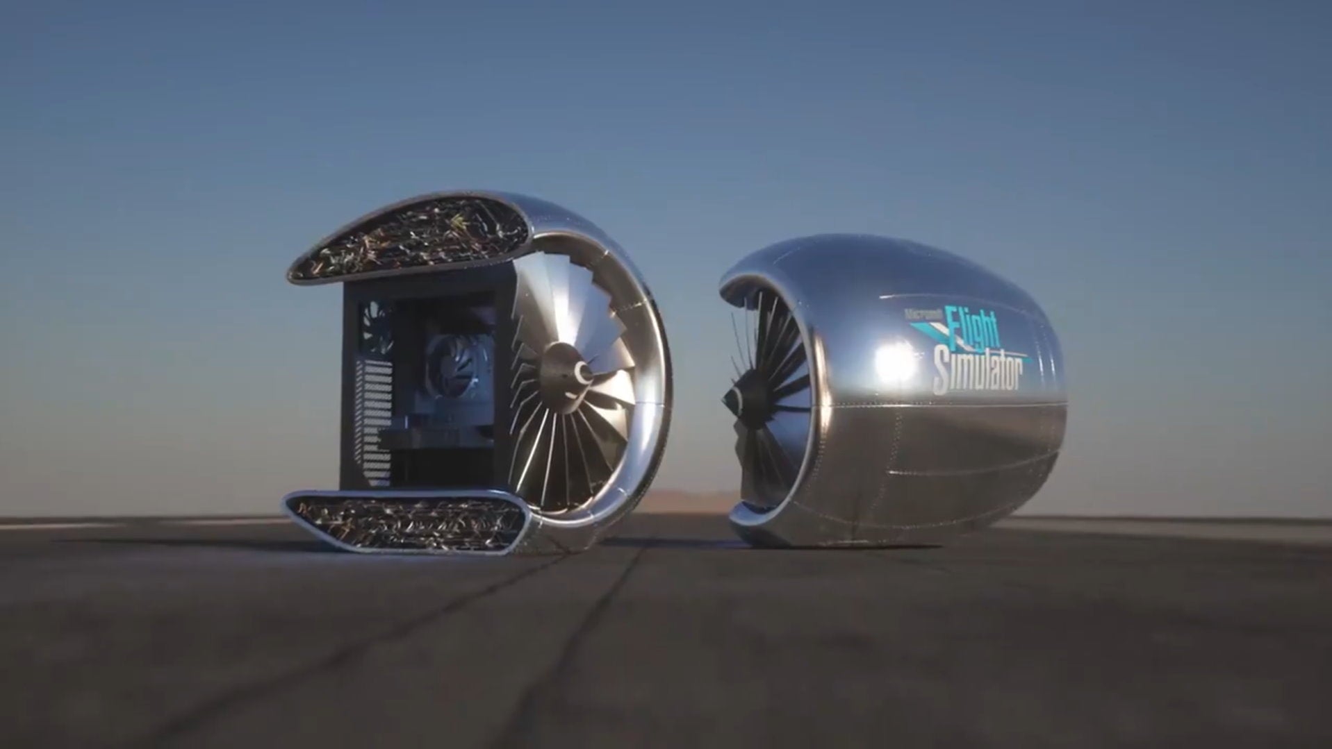 A custom PC inspired by Microsoft Flight Simulator that uses a turbine as a PC case