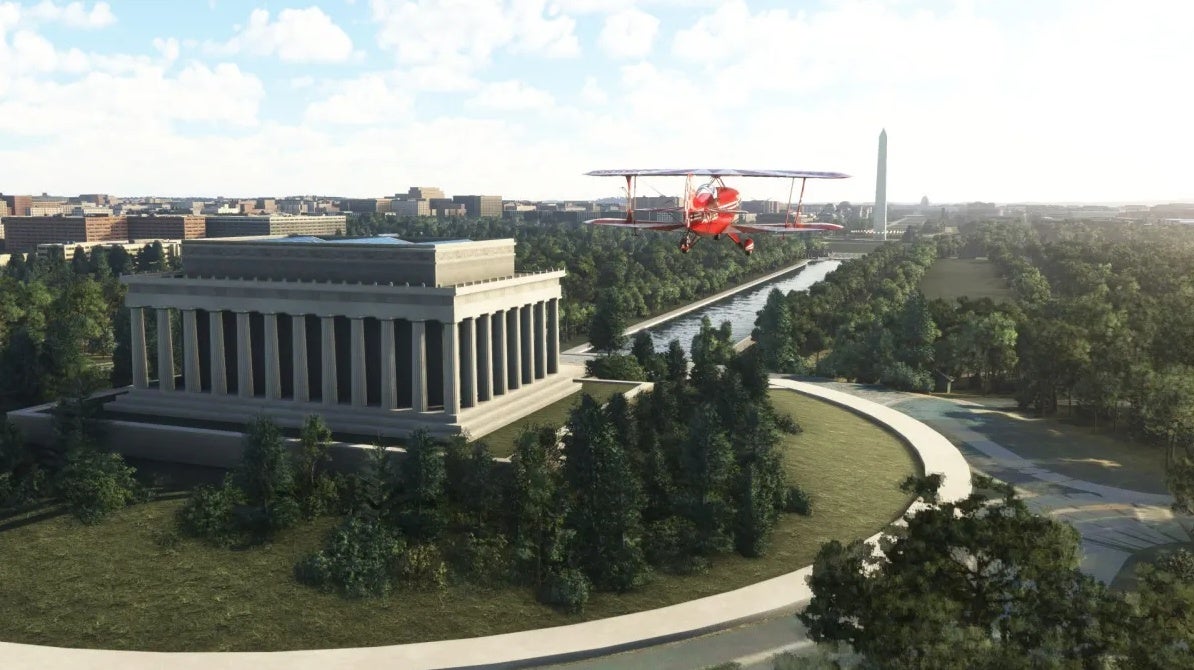 A plane flies over Washington DC, with the Lincoln Memorial visible below.