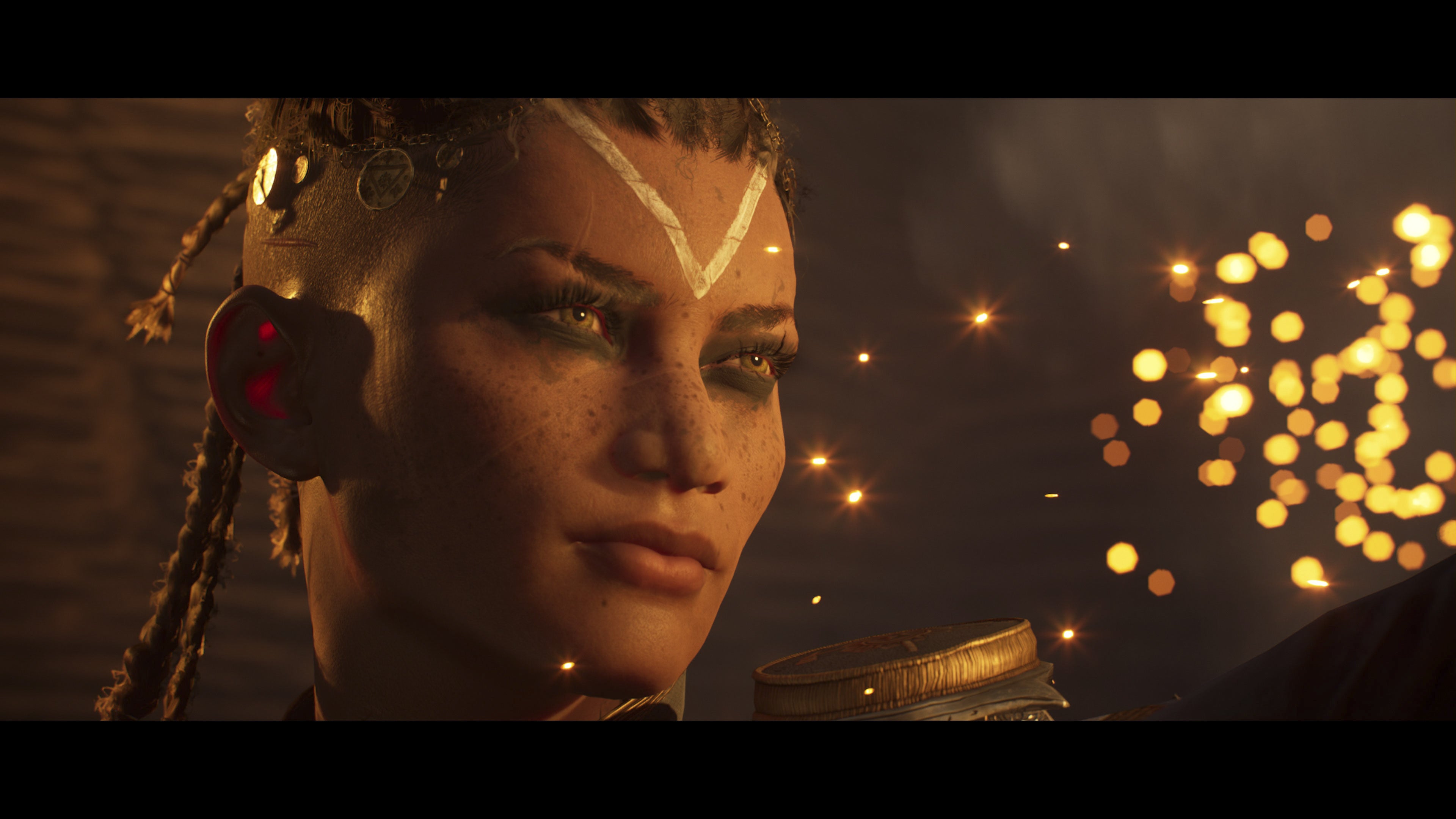 An image from the Flintlock trailer, showing the grinning female protagonist in closeup as she fires her old worldy pistol.