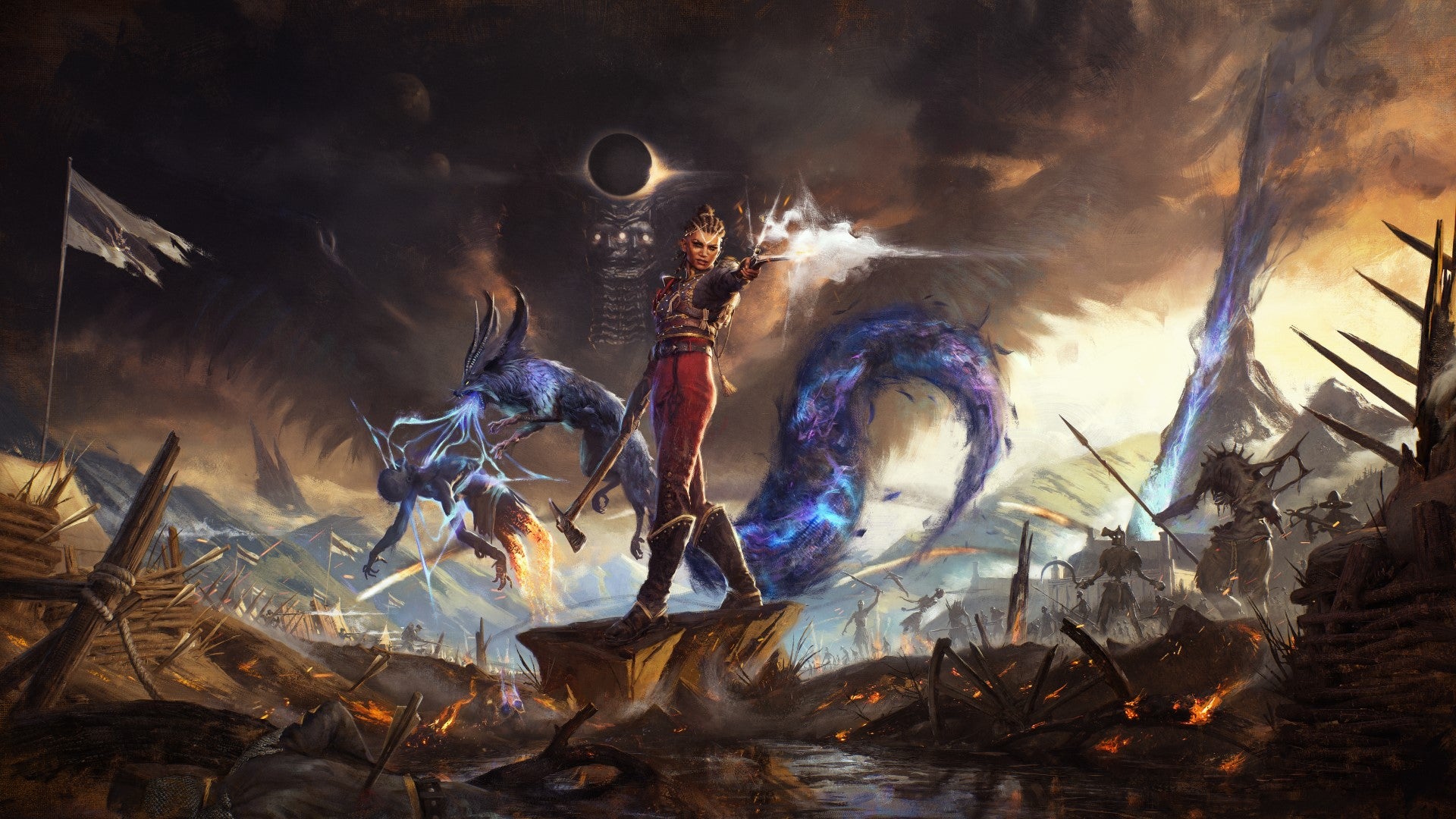 Flintlock: The Siege Of Dawn's key art, which shows Nor and Enki fighting on a ravaged battlefield.