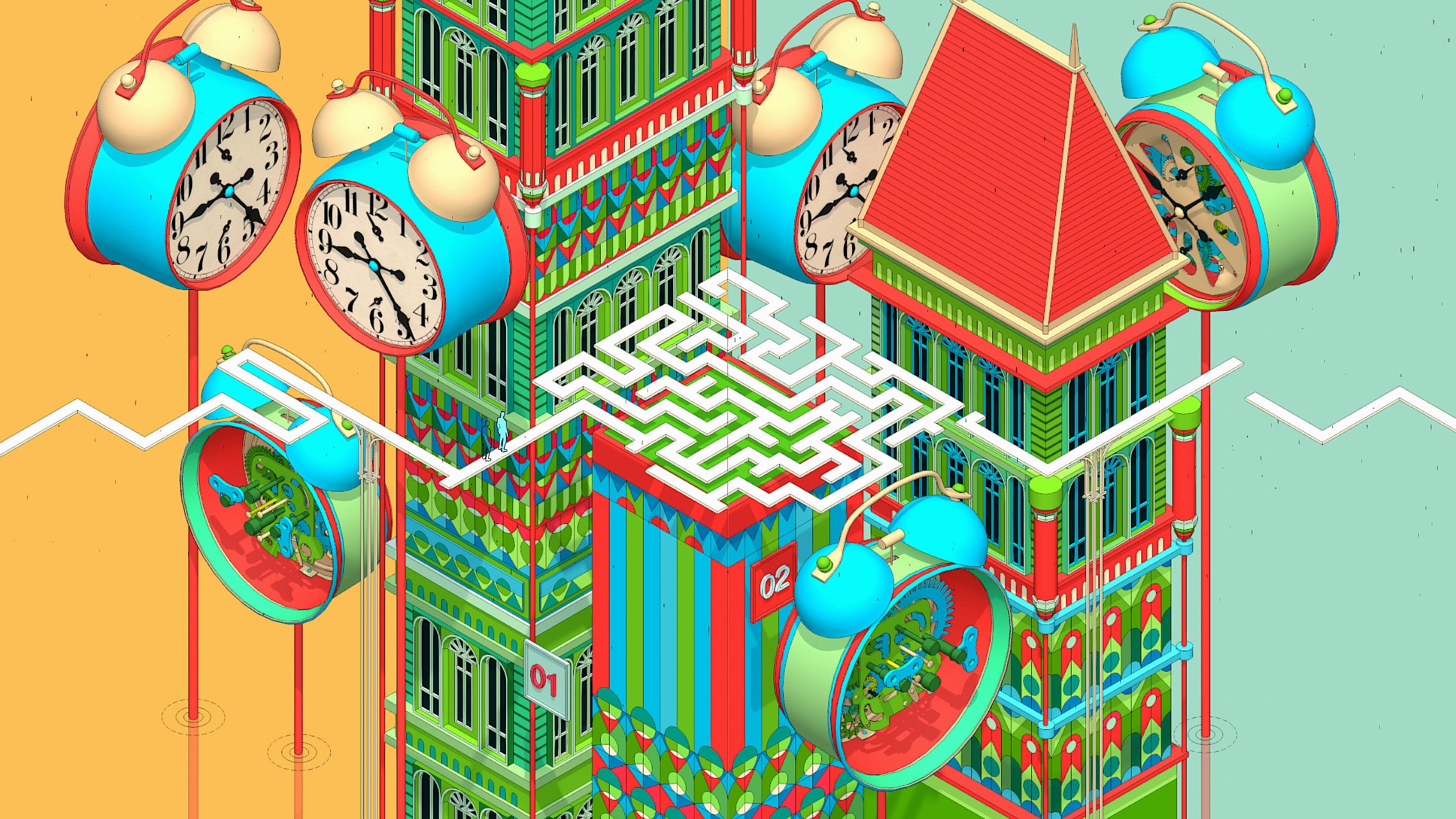A maze amidst colourful architecture of towers and clocks in a screenshot from Folds of a Separation.