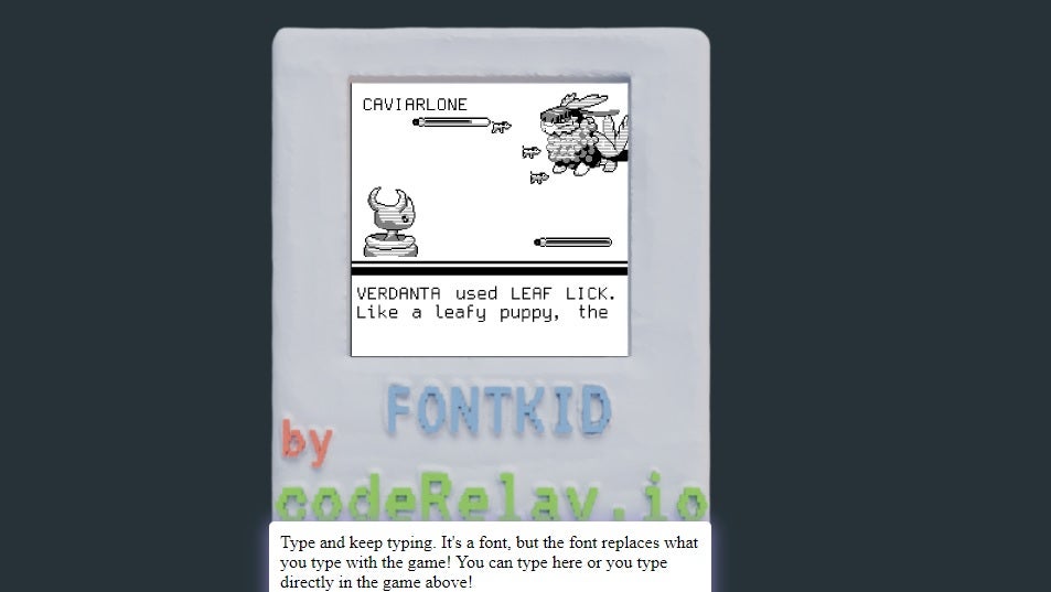 Fontemon - Two creatures face one another in battle like the original Pokemon games. Text reads "Verdanta used leaf lick. Like a leafy puppy, the"