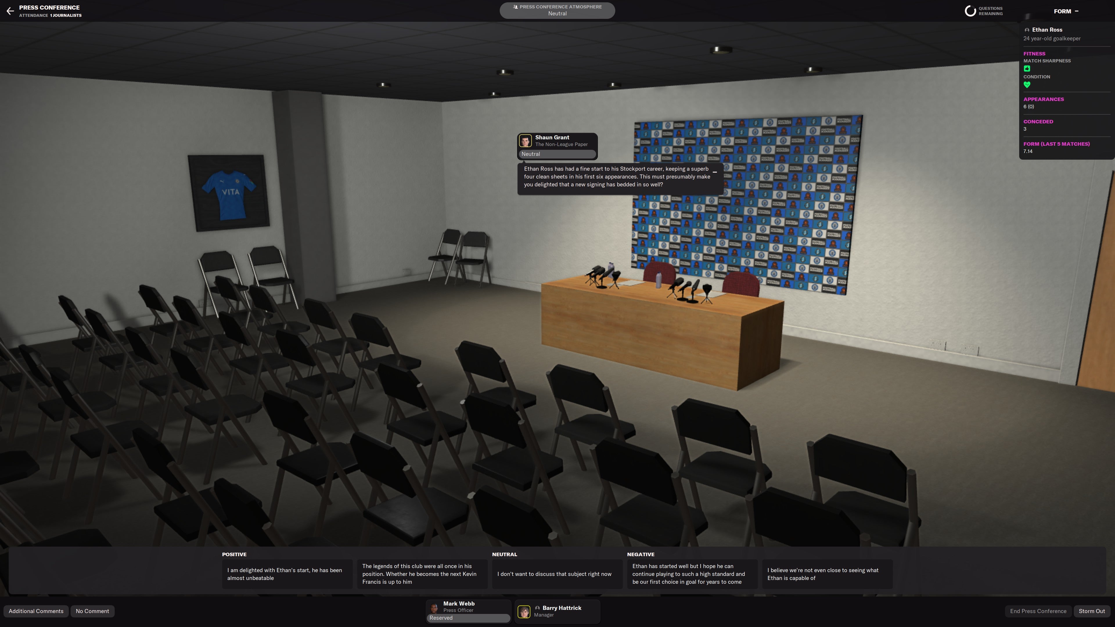 A press conference scene in Football Manager 2022