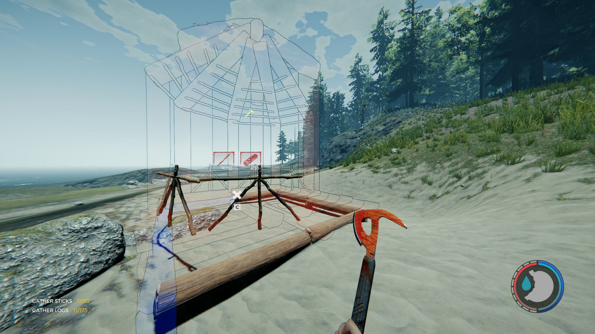 A player constructs a small hut on a beach in The Forest