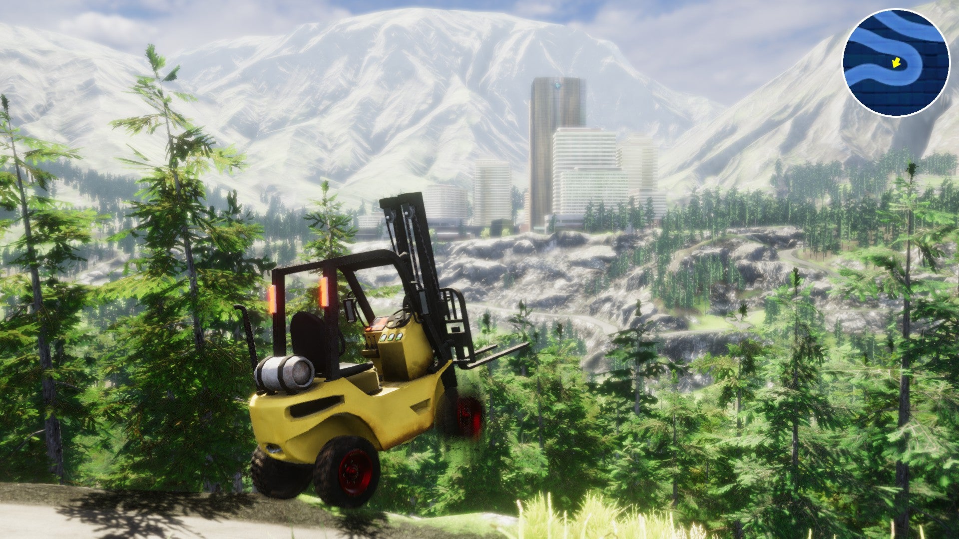 The forklift in Forklift Load making a jump, in front of a panoramic view of a city nestled in a valley