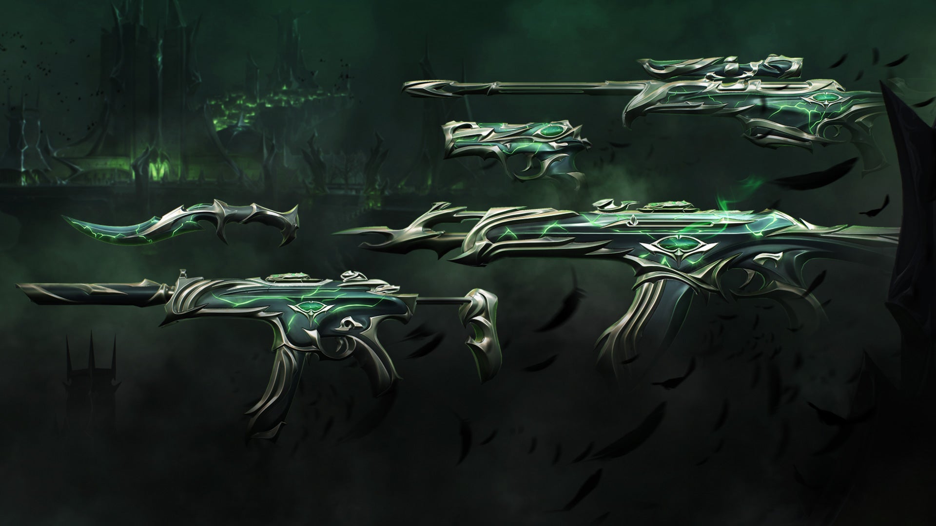 The glowing green Forsaken bundle of Valorant's new gun skins.