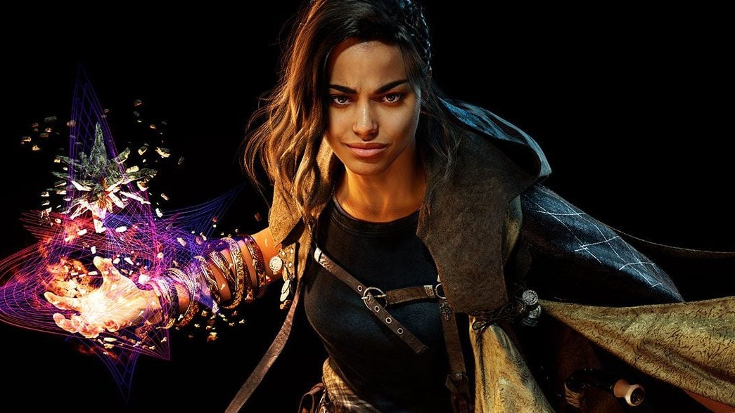 Key art from Forspoken showing main character Frey with her magic hand