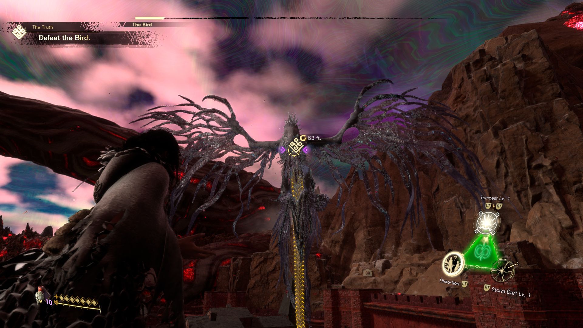 Frey is observing a mini-boss enemy in forspoken, a giant wyvern with ragged wings
