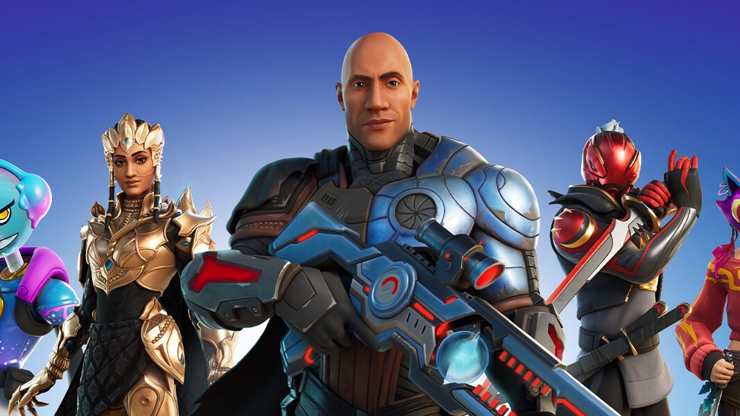 Characters from Fortnite Season 3 Chapter 1, including The Foundation, who looks like Dwayne Johnson.