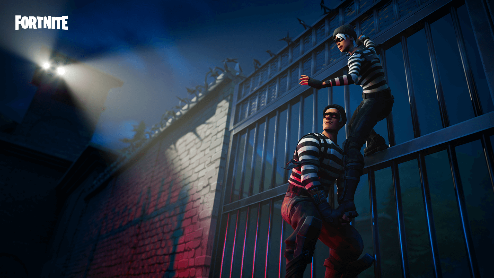 Two Fortnite characters dressed as robbers climbing over a prison wall.