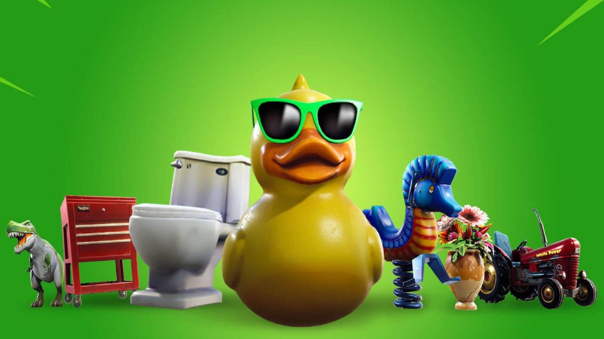 A toy dinosaur, a tool trolley, a toilet, a rubber duck in sunglasses, a seahorse spring rocker, a cracked vase with flowers, and a tractor lined up against a green background.