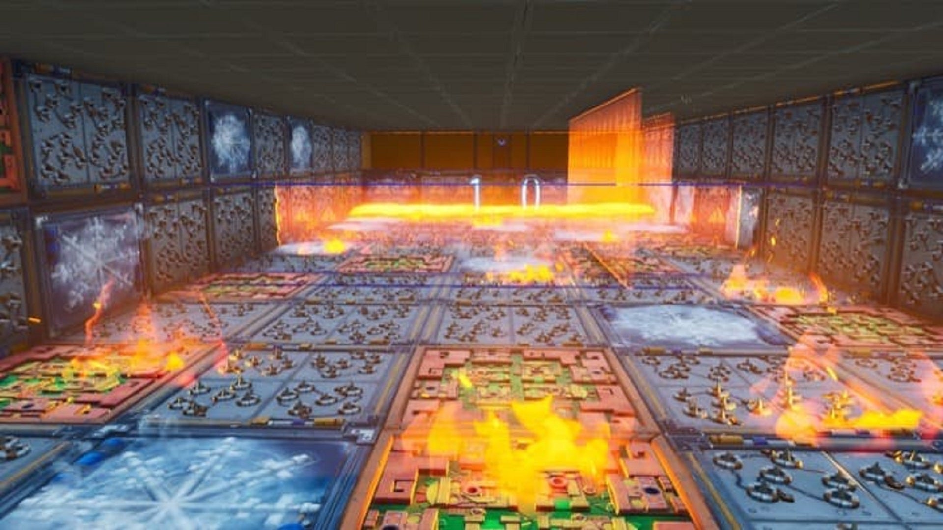 A dungeon room filled with flames, spike traps, and other hazards.