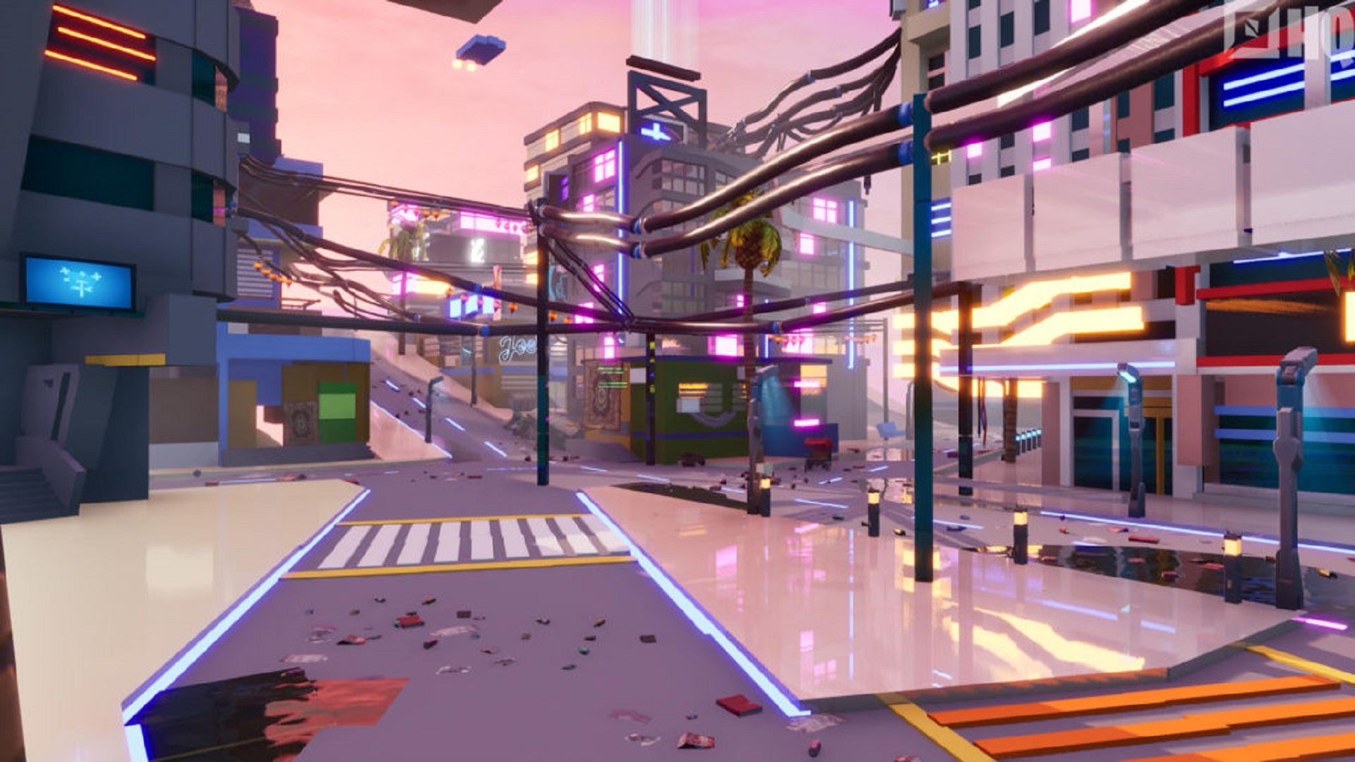 A neon-lit street from Cyberpunk 2077's Night City, as recreated in Fortnite Creative.