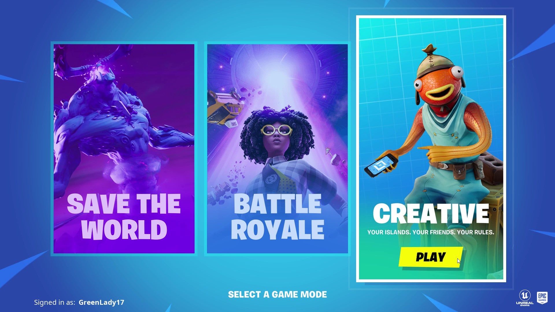 The mode select screen that appears when you launch Fortnite. Choices are Save the World, Battle Royale, and Creative.
