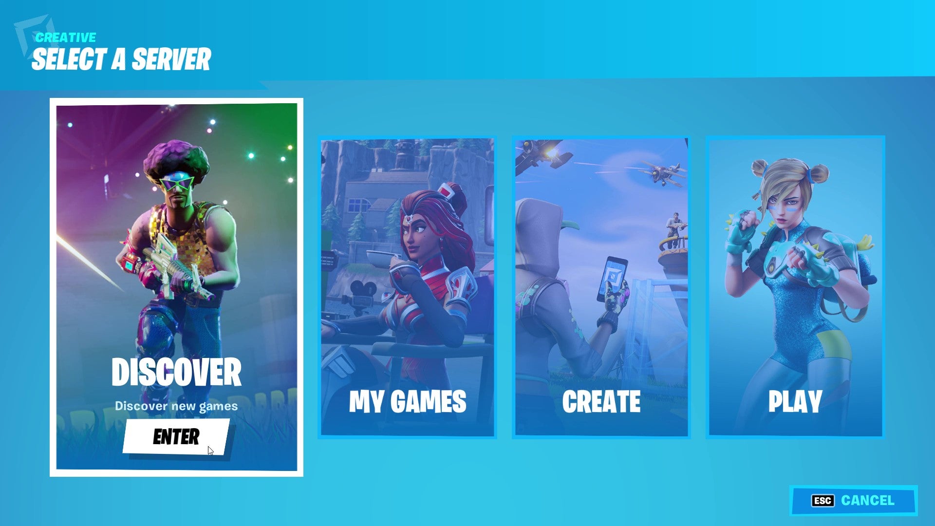 Fortnite Creative Mode's Server Select menu. Options are Discover, My Games, Create, and Play.