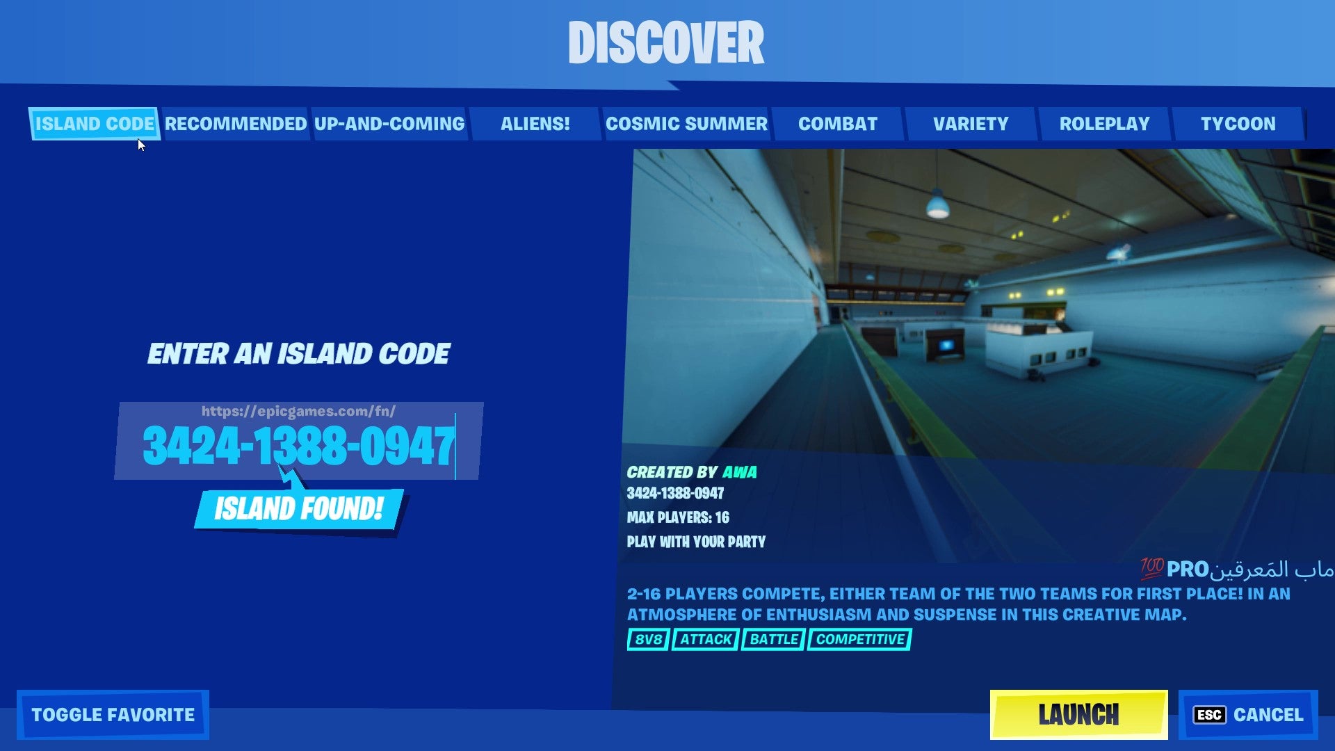The Island Code option in Fortnite Creative's Discover page. Text indicates an island has been found and the server is ready to launch.