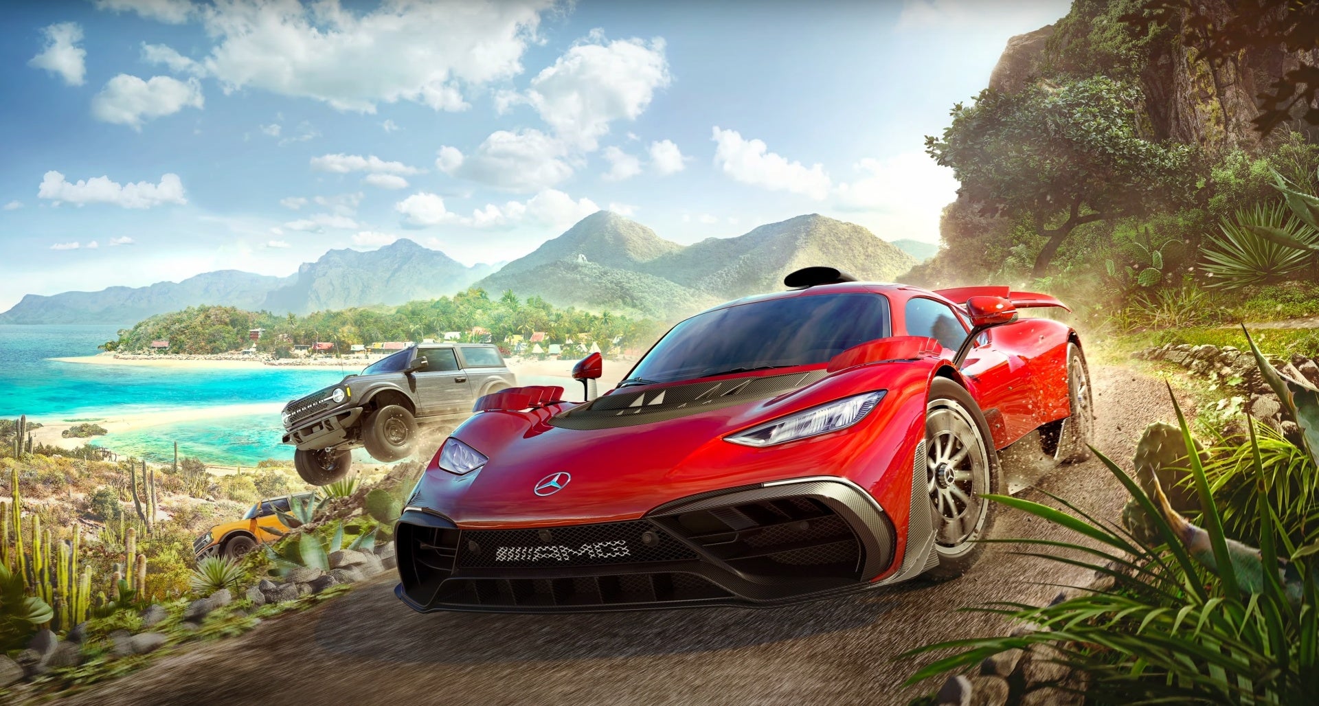 Forza Horizon 5's new cover art, featuring a Corvette sports car and a Ford Bronco against a summery background of beach and jungle.