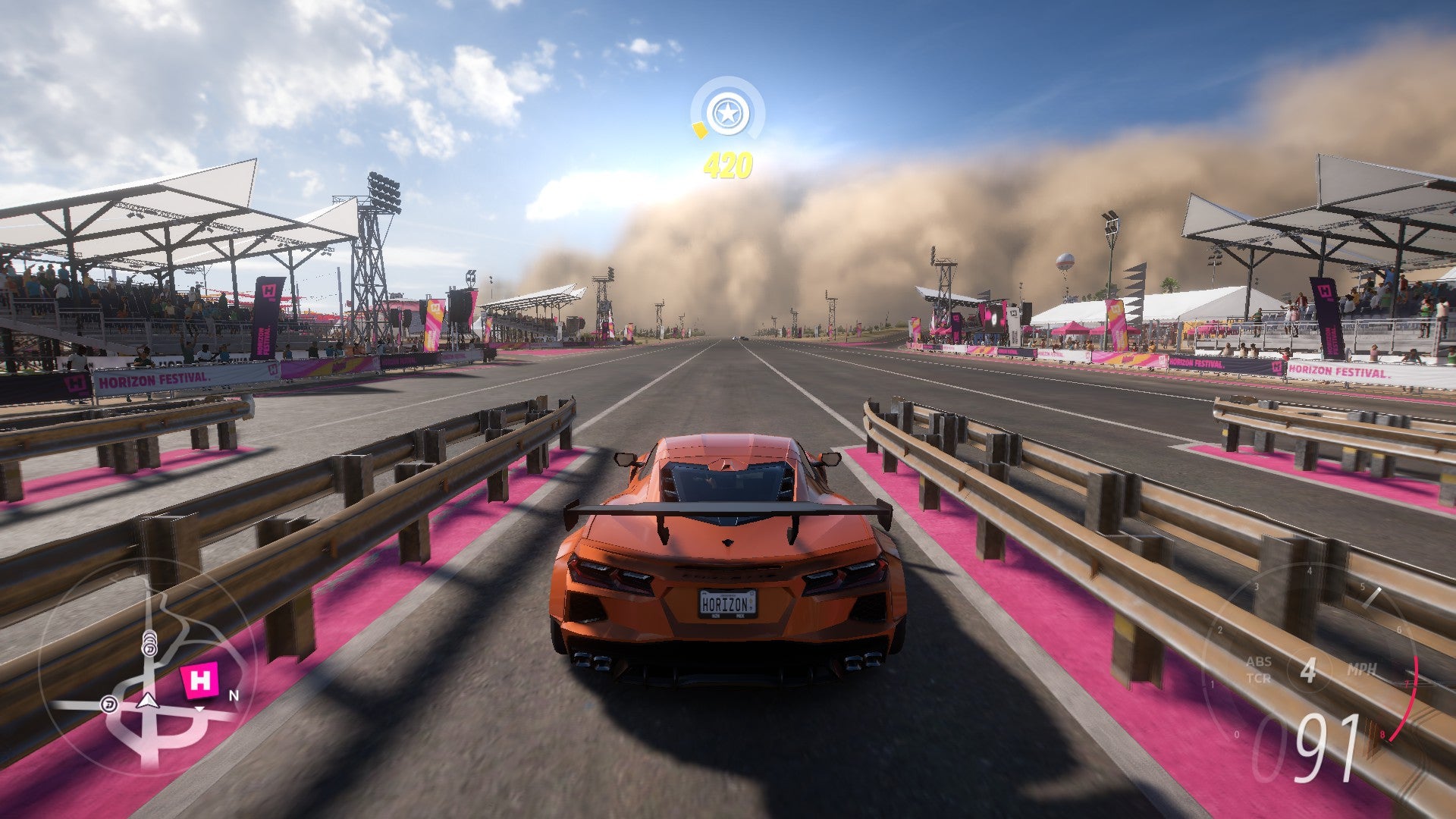 A car racing down a runway in Forza Horizon 5, showing the Low graphics setting.