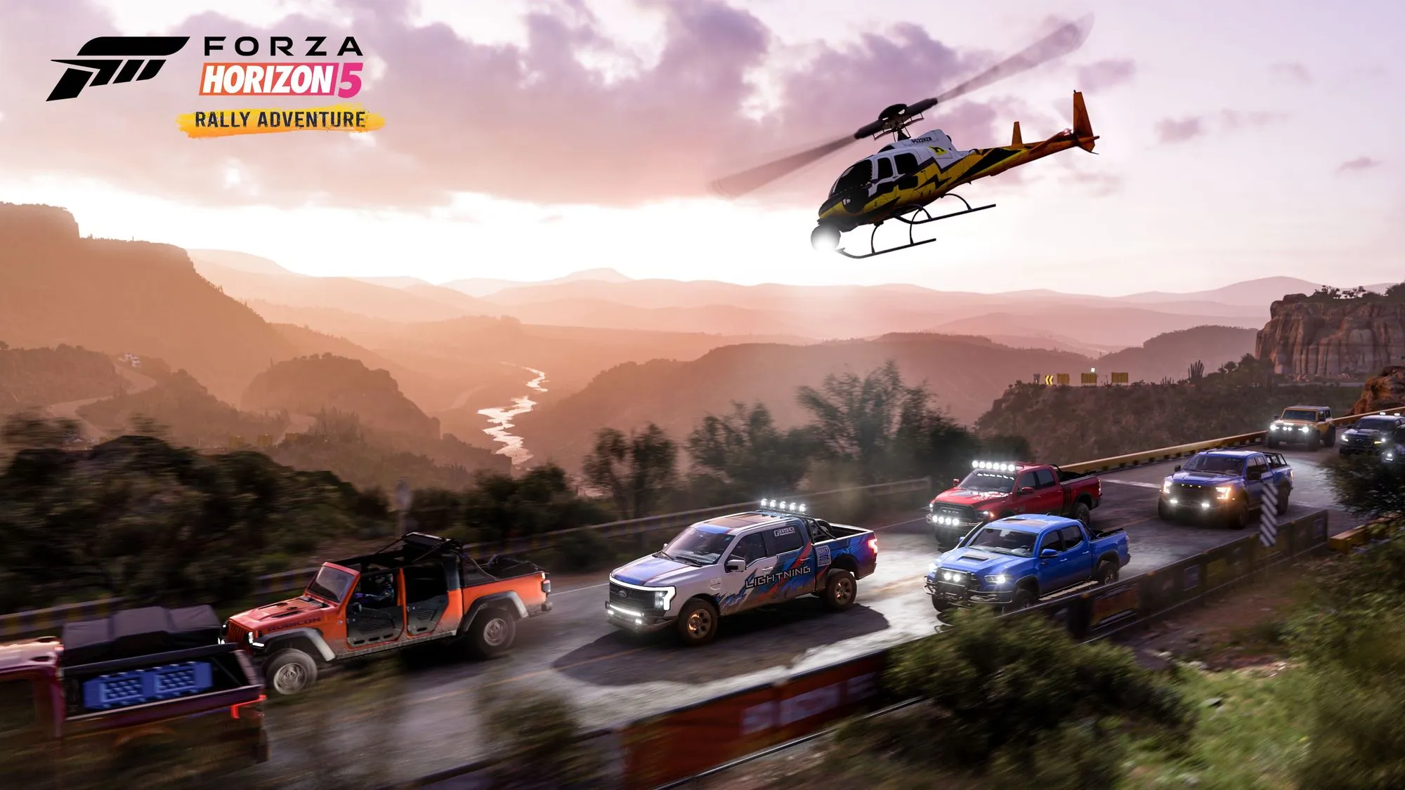 Cars and a helicopter in Forza Horizon 5's Rally Adventure expansion.
