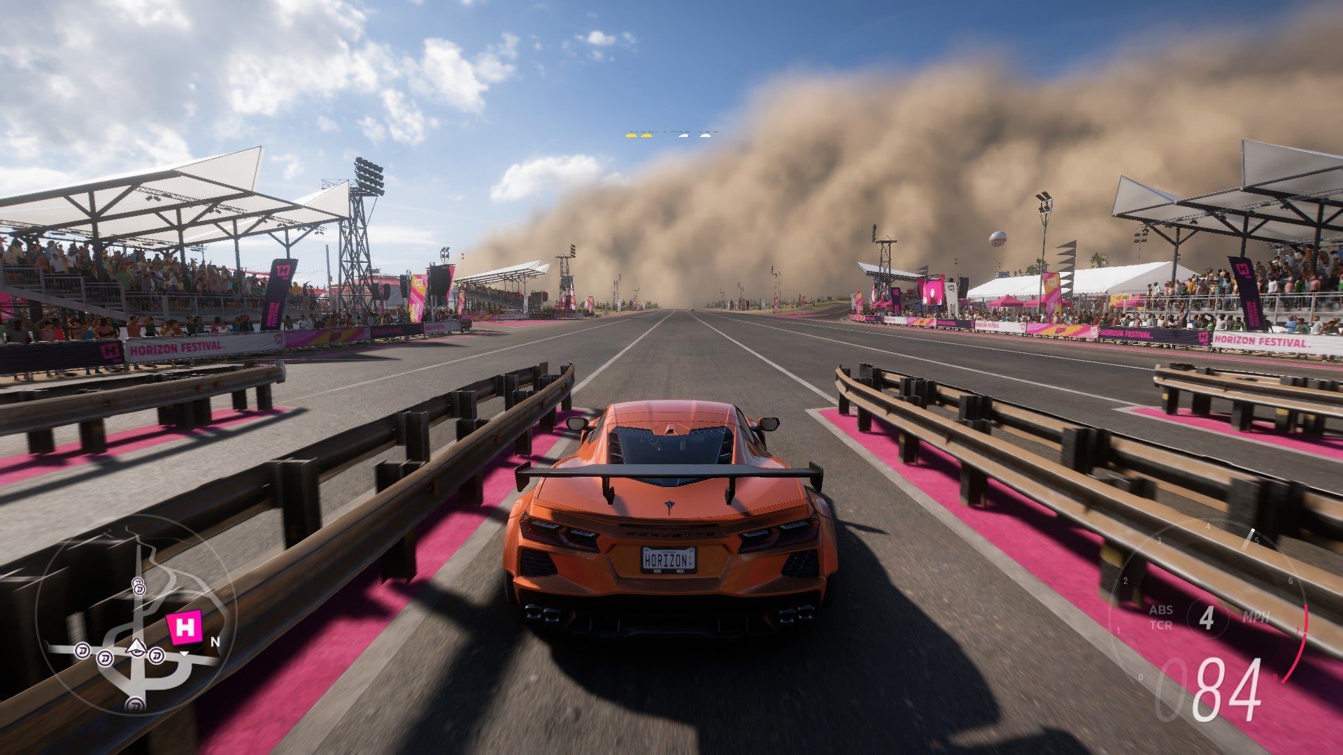 A car racing down a runway in Forza Horizon 5, showing the Ultra graphics setting.