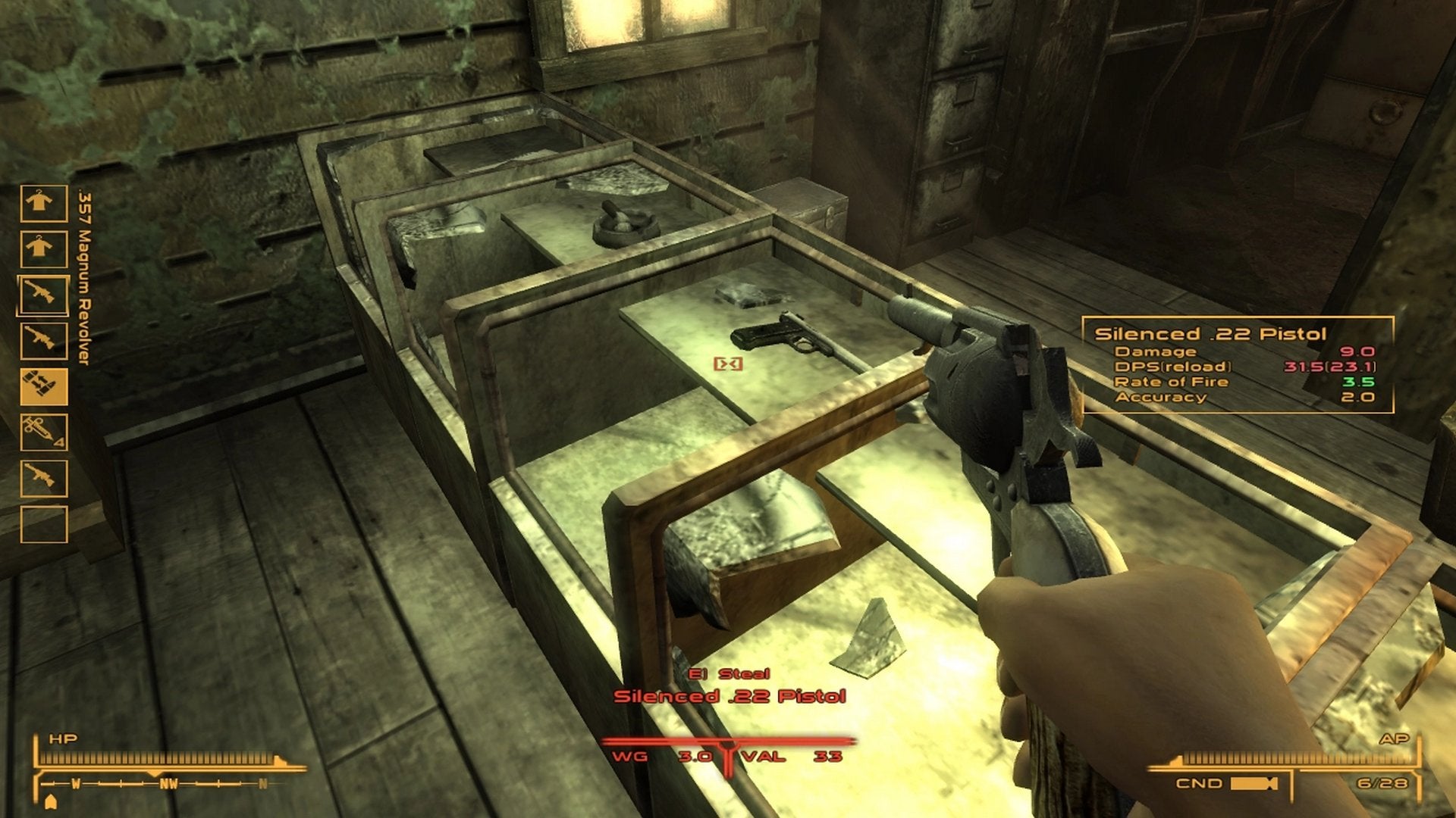 A gun is being pointed at a table full of other guns in the FPS Weapon Wheel mod for Fallout: New Vegas