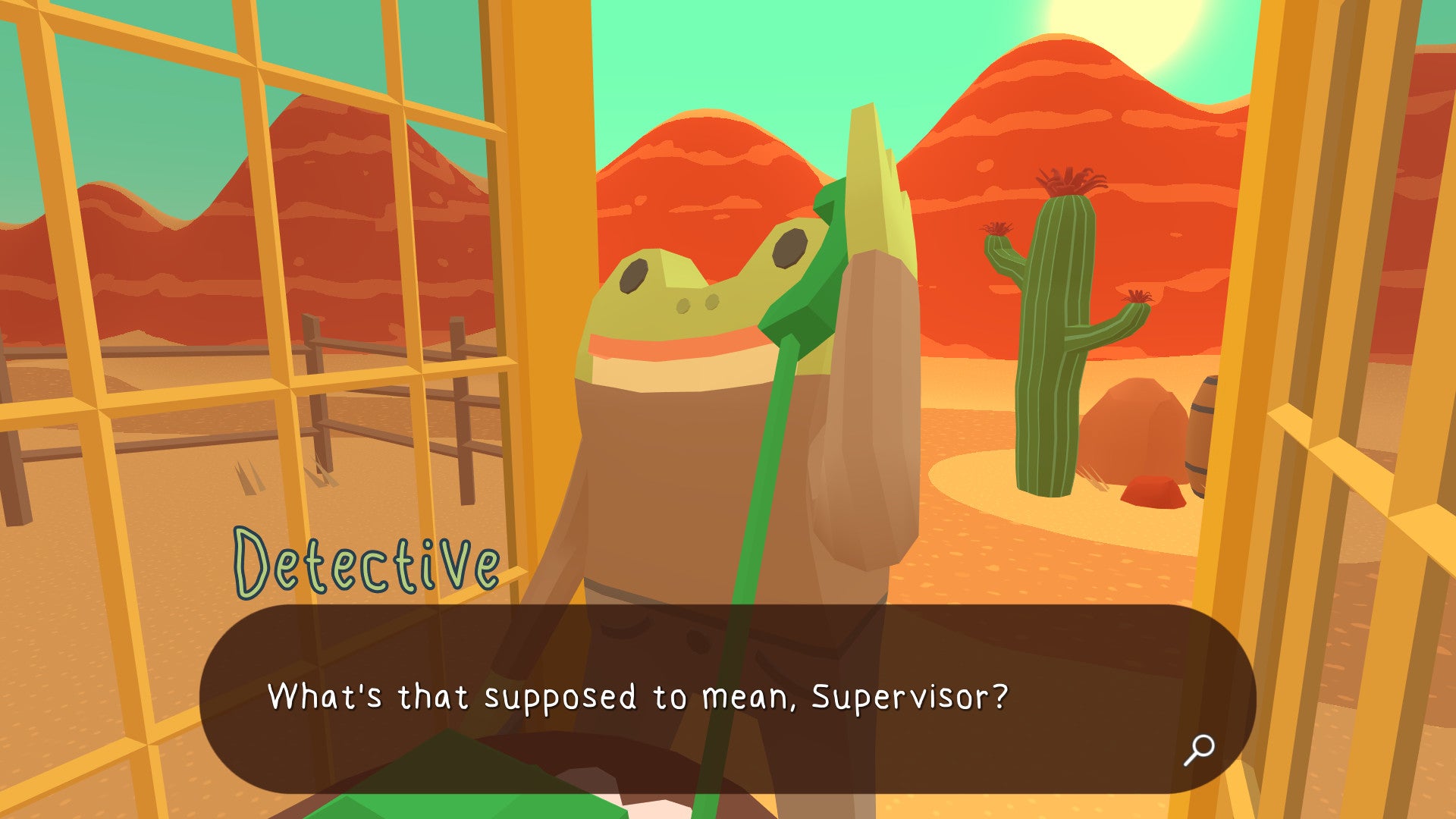 A screenshot of Frog Detective 3, showing the frog detective on the phone in a phone booth.