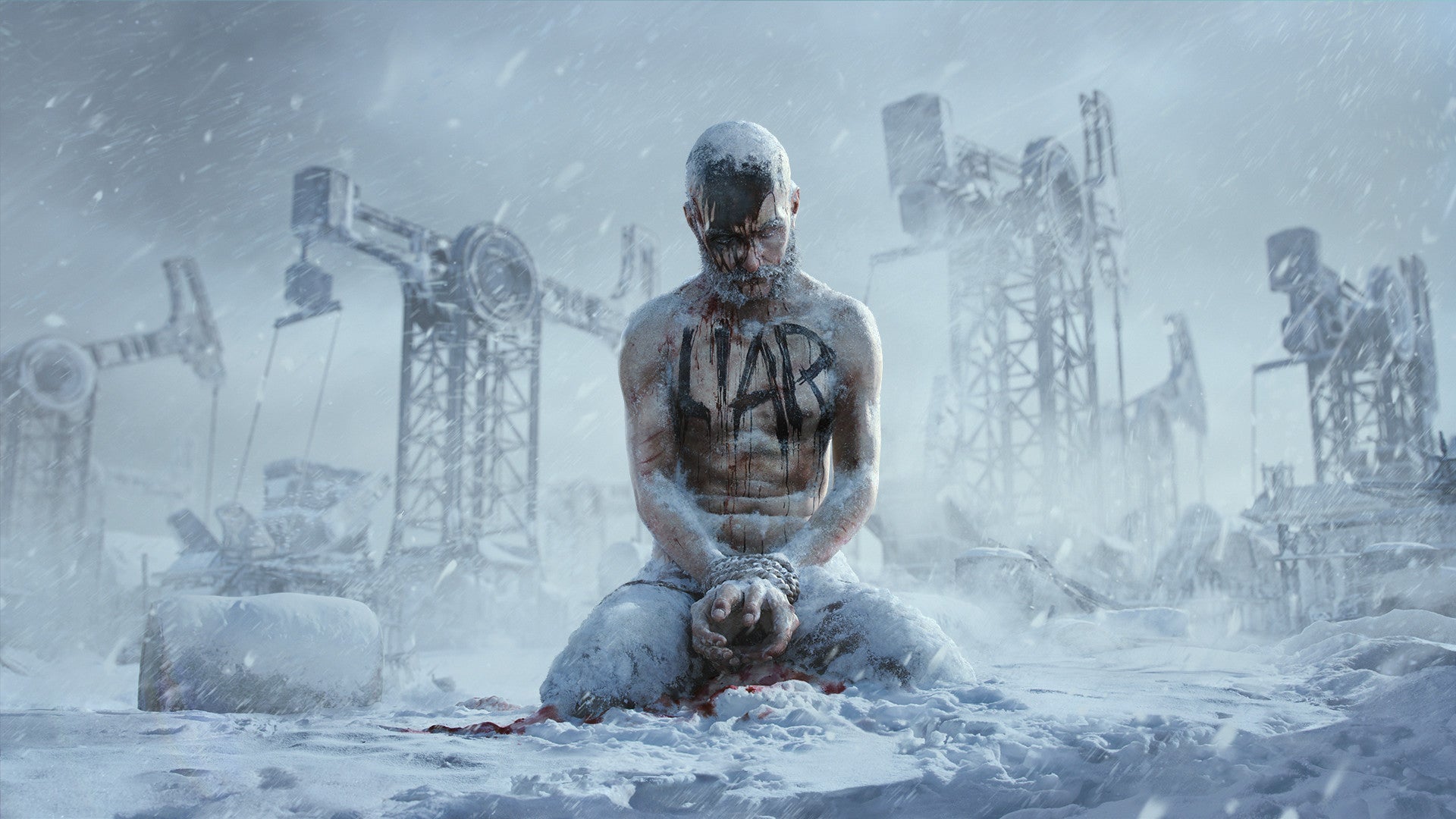 An image from Frostpunk 2's announcement showing a man, on his knees in the snow, frozen to death with "LIAR" written on his bare chest.