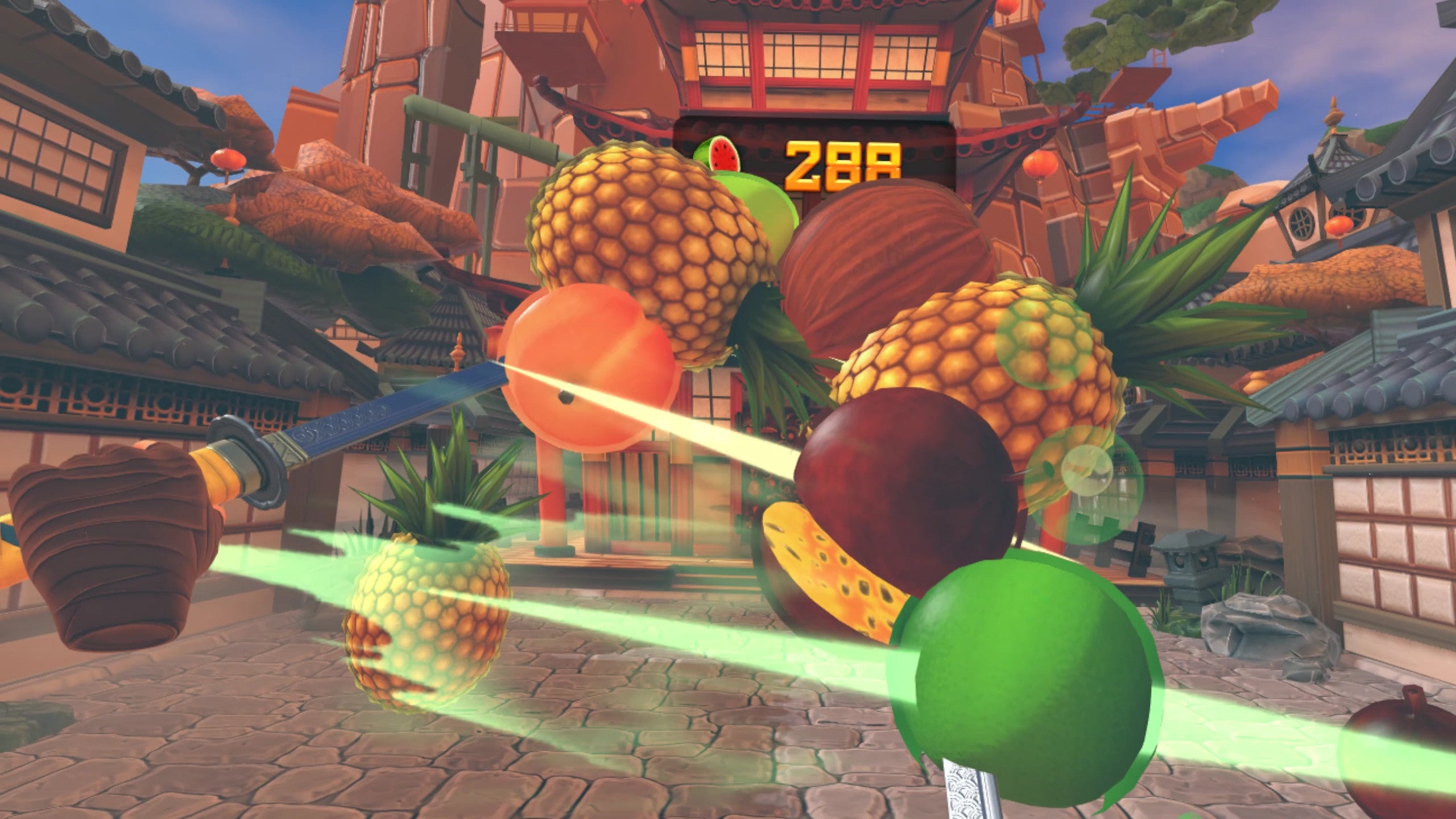 Swords slicing coconuts, pineapples, and more fruits in a Fruit Ninja VR screenshot.