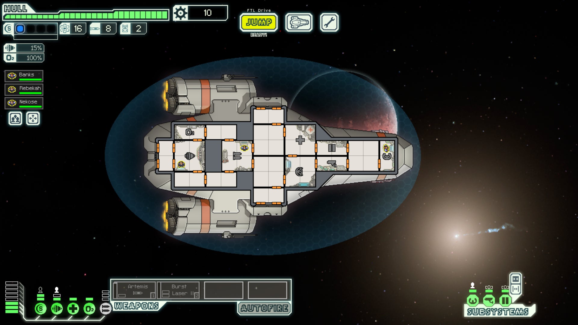 The Kestral Cruiser at the start of a new FTL: Faster Than Light playthrough.