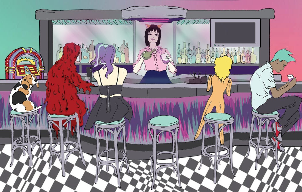 A screenshot of Fuck Everything showing people, monsters, a dog, and an inflatable doll sitting at a bar.
